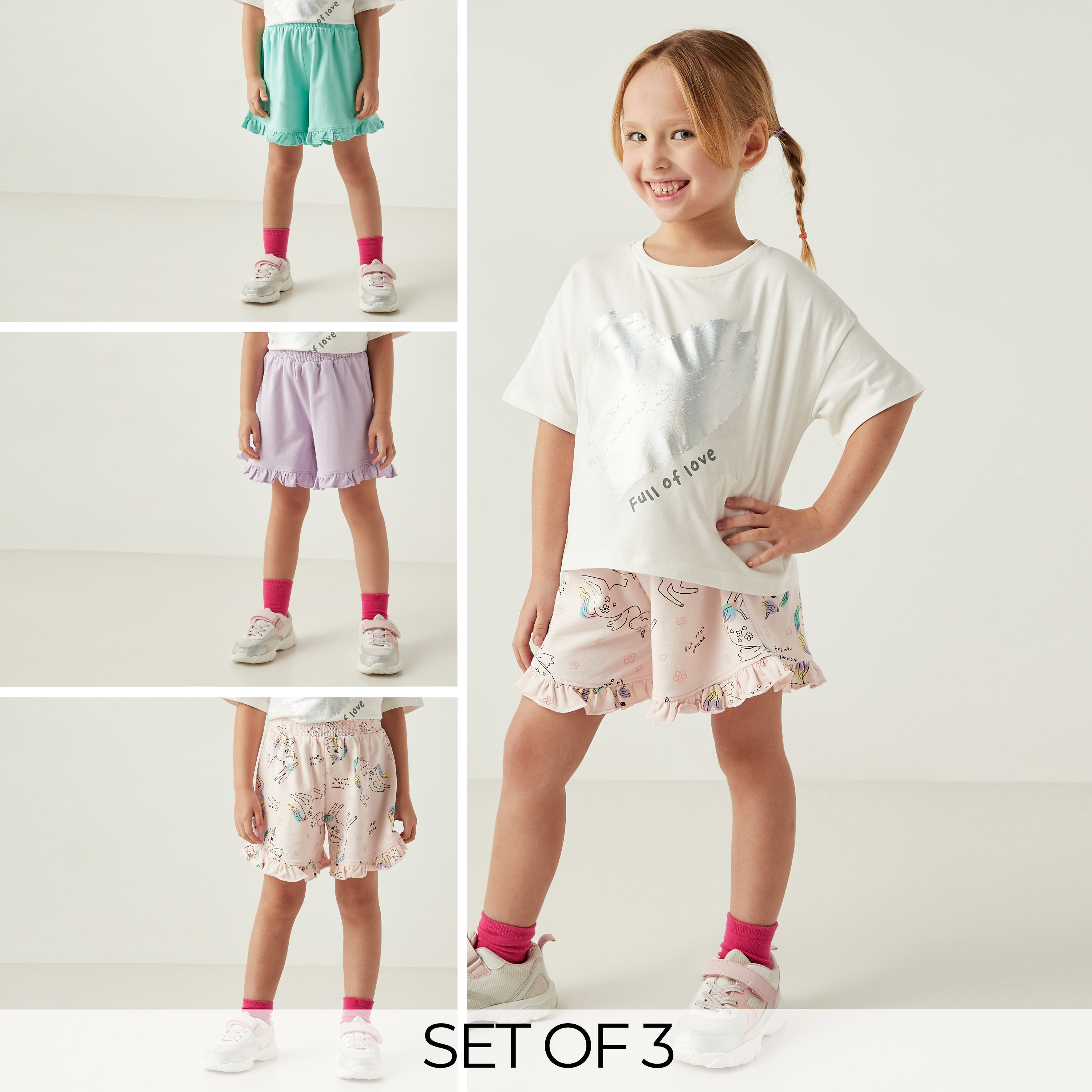 Juniors Assorted Shorts with Elasticated Waistband and Ruffle Detail - Set of 3-girls-clothing-bottoms-shorts-image-1