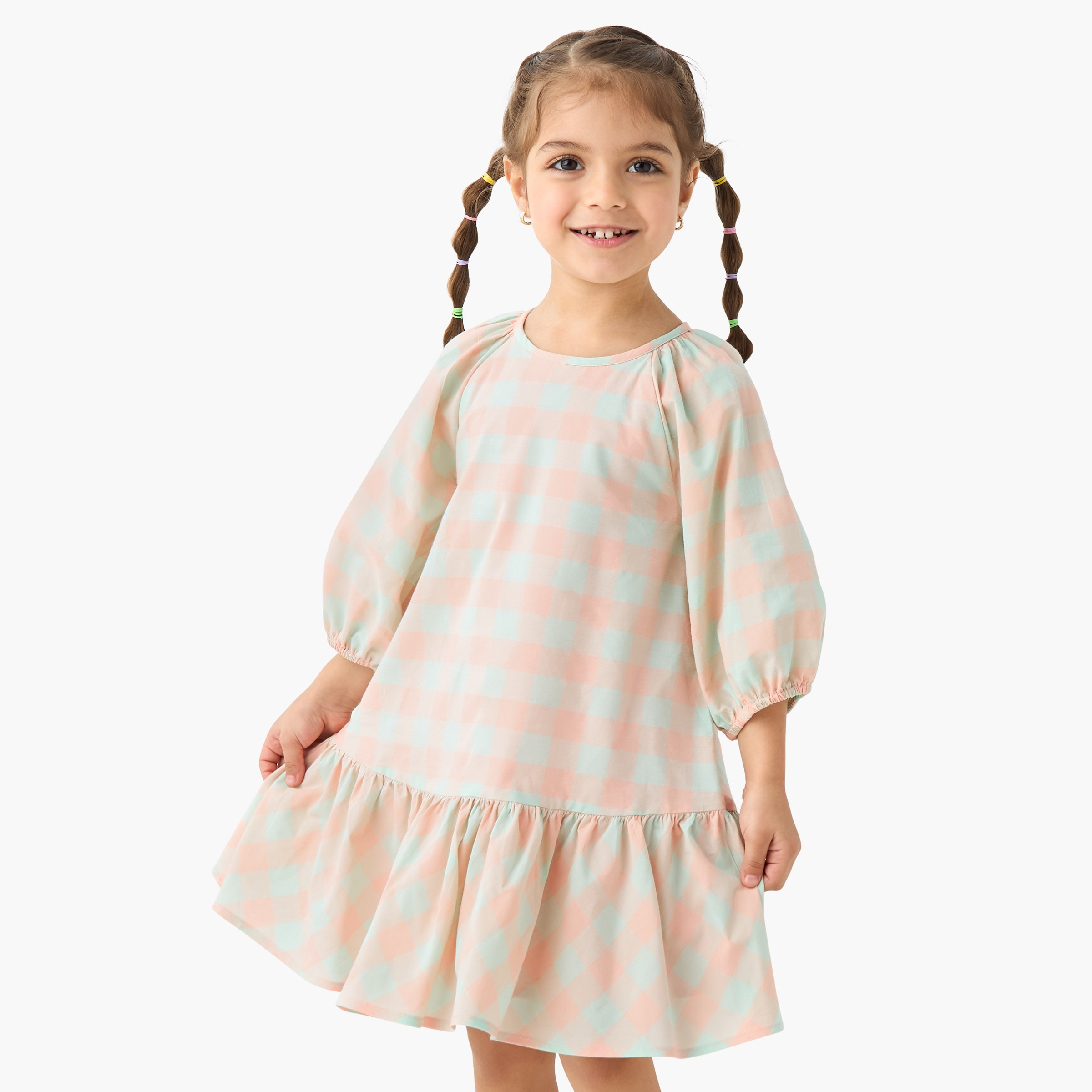 Juniors All-Over Checked Drop Waist Cotton Dress with 3/4 Sleeves-girls-clothing-dressesandjumpsuits-image-1