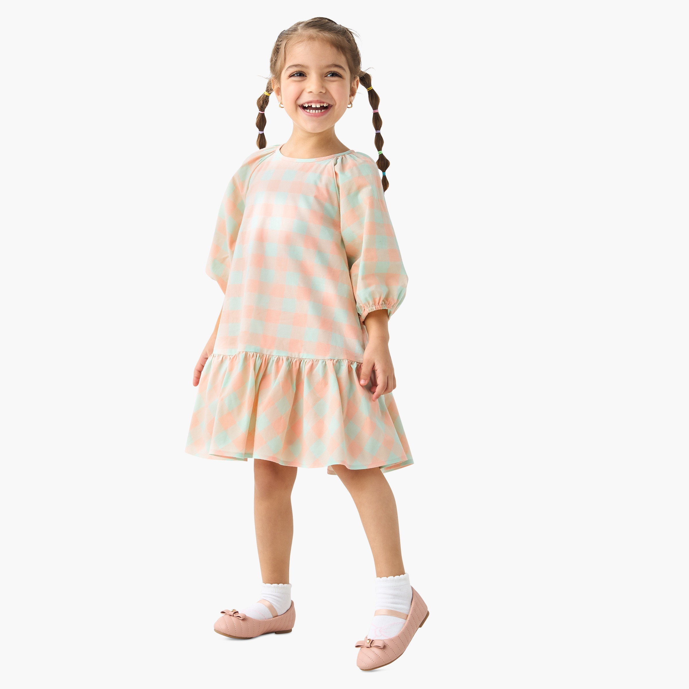Juniors All-Over Checked Drop Waist Cotton Dress with 3/4 Sleeves-girls-clothing-dressesandjumpsuits-image-2
