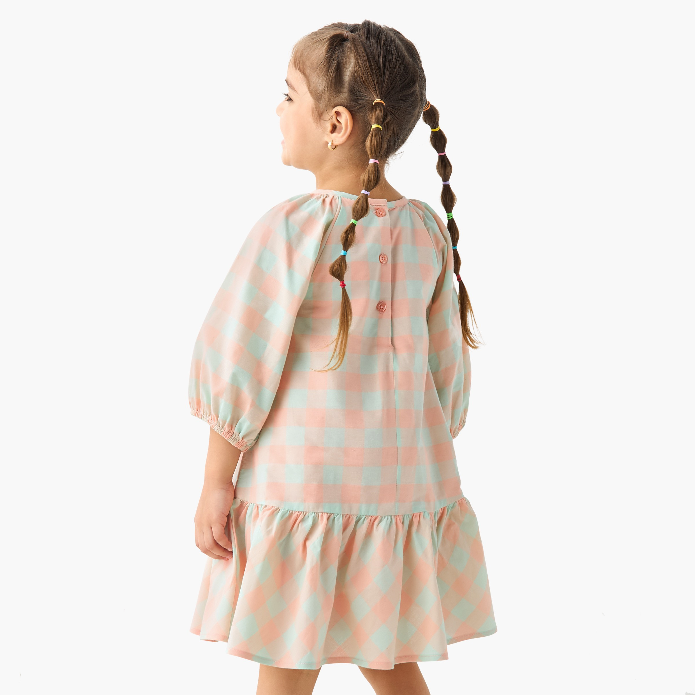 Juniors All-Over Checked Drop Waist Cotton Dress with 3/4 Sleeves-girls-clothing-dressesandjumpsuits-image-3