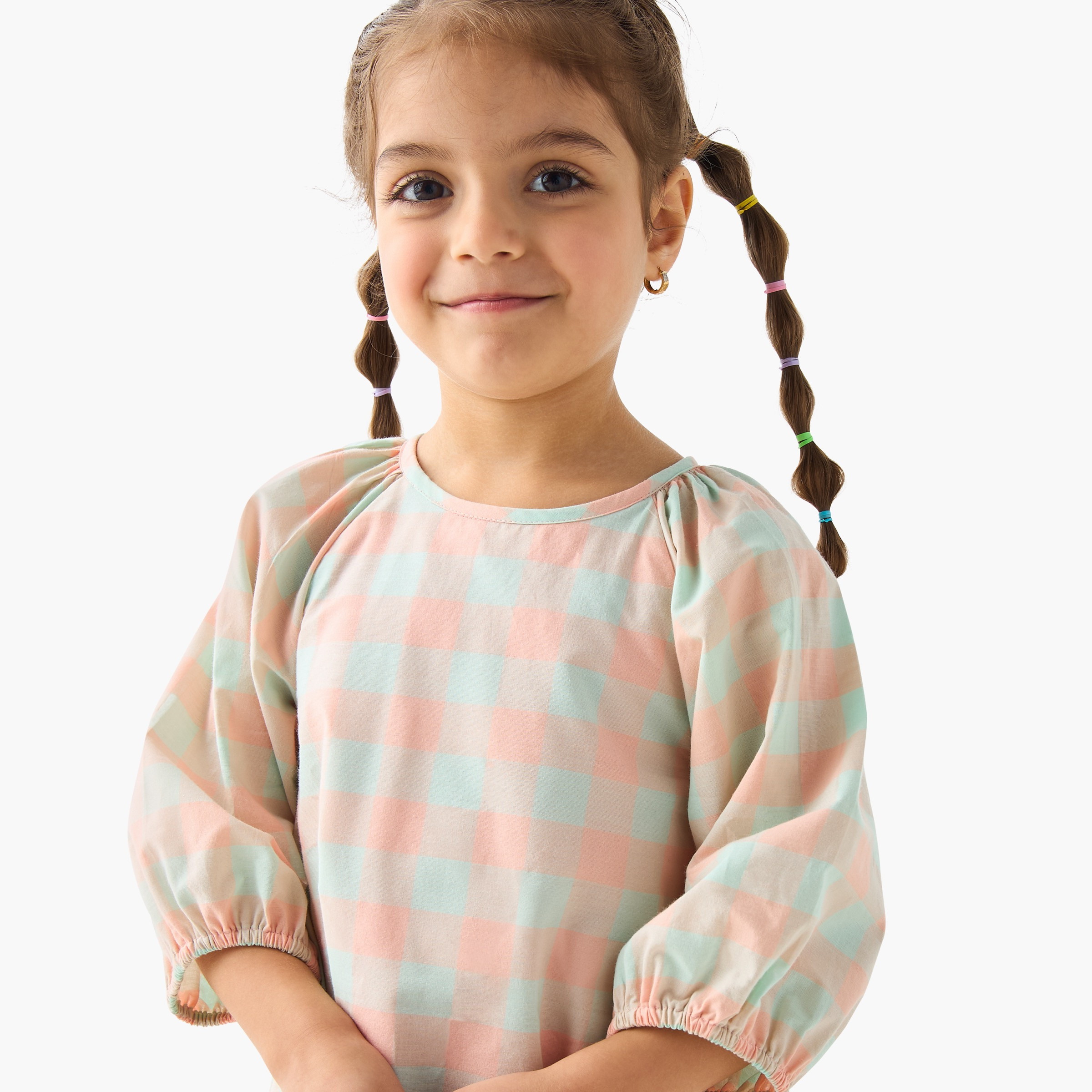 Juniors All-Over Checked Drop Waist Cotton Dress with 3/4 Sleeves-girls-clothing-dressesandjumpsuits-image-4