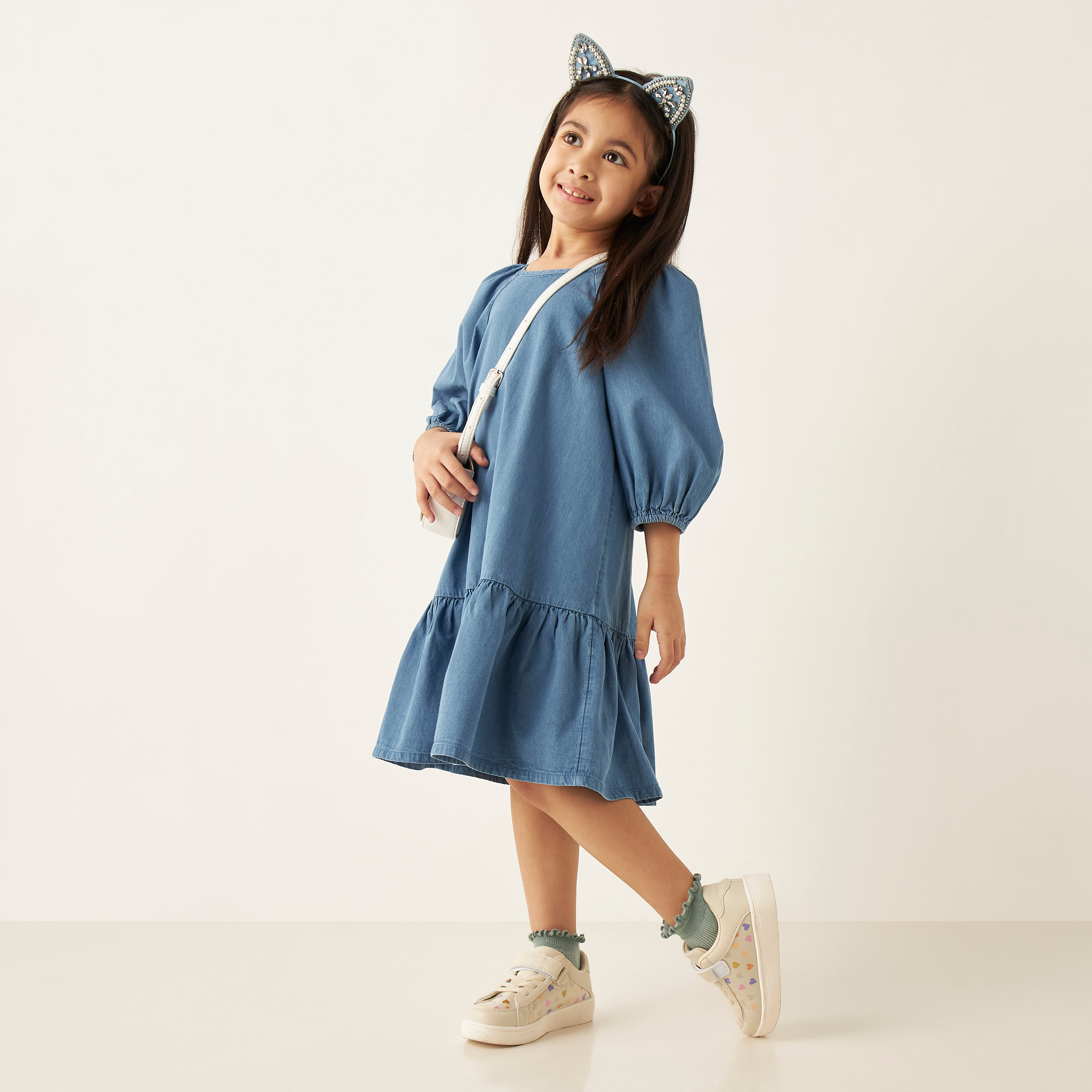 Juniors Solid Drop Waist A-line Cotton Dress with Volume Sleeves-girls-clothing-dressesandjumpsuits-image-2