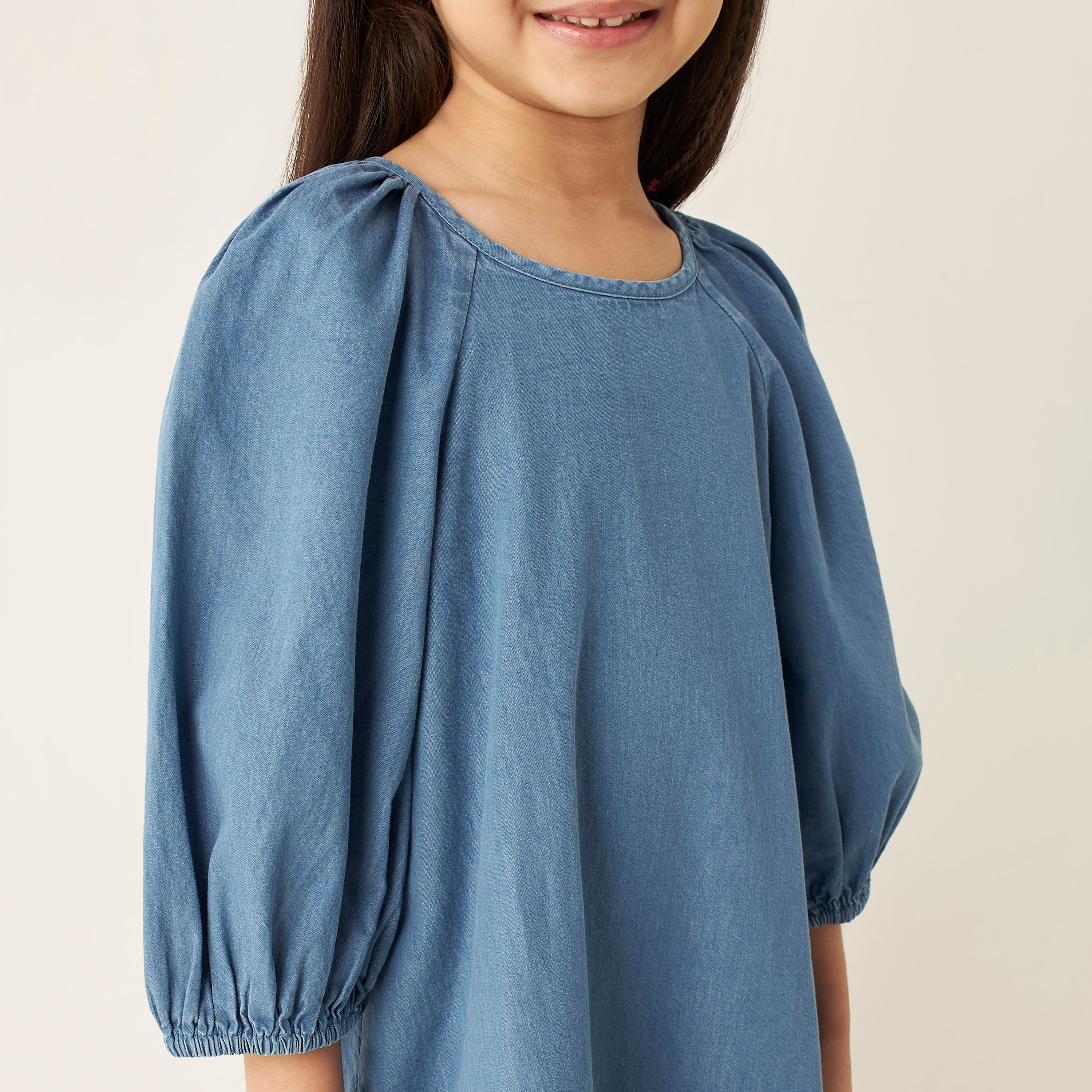Juniors Solid Drop Waist A-line Cotton Dress with Volume Sleeves-girls-clothing-dressesandjumpsuits-image-3