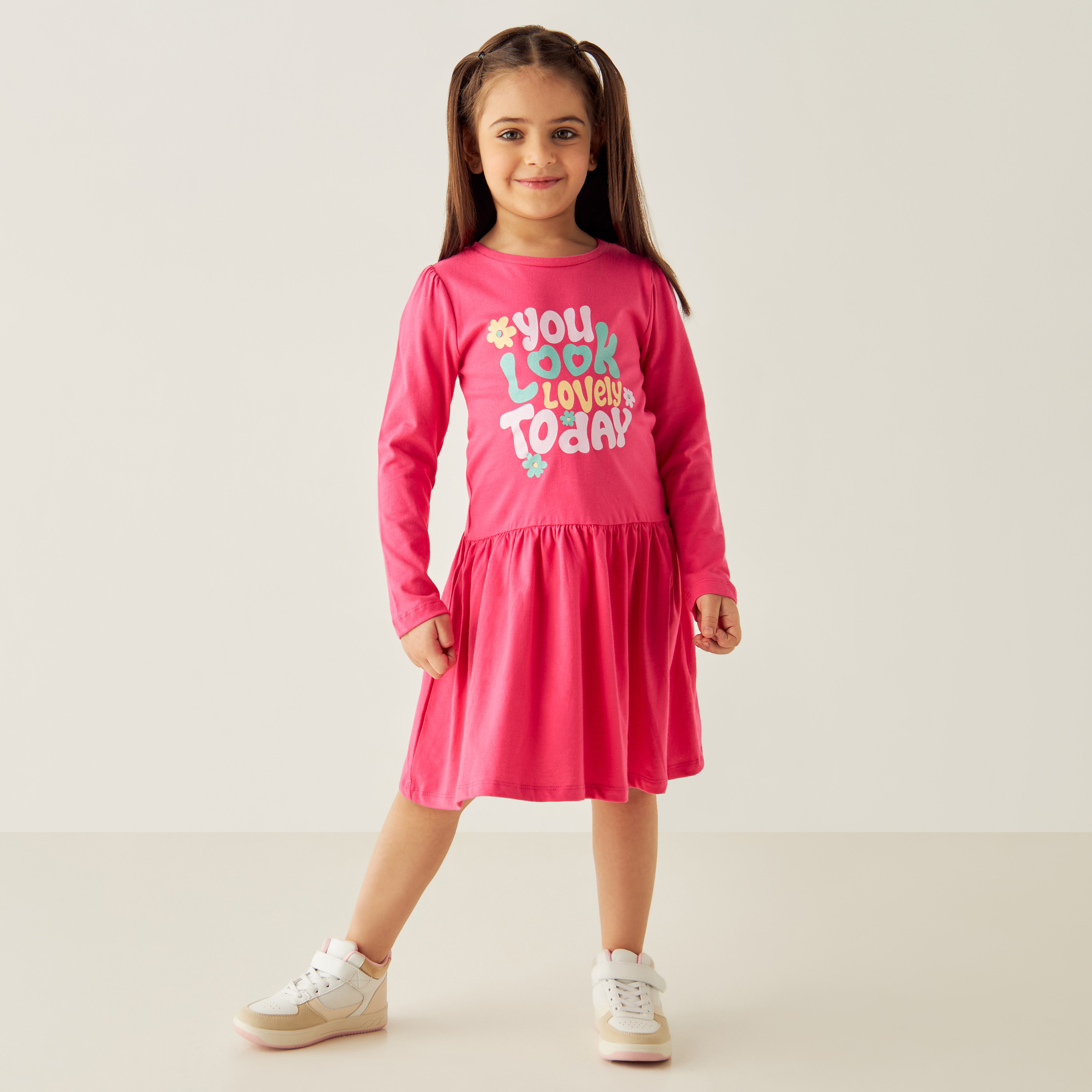 Juniors Slogan Print A-line Dress with Long Sleeves and Round Neck-girls-clothing-dressesandjumpsuits-image-2