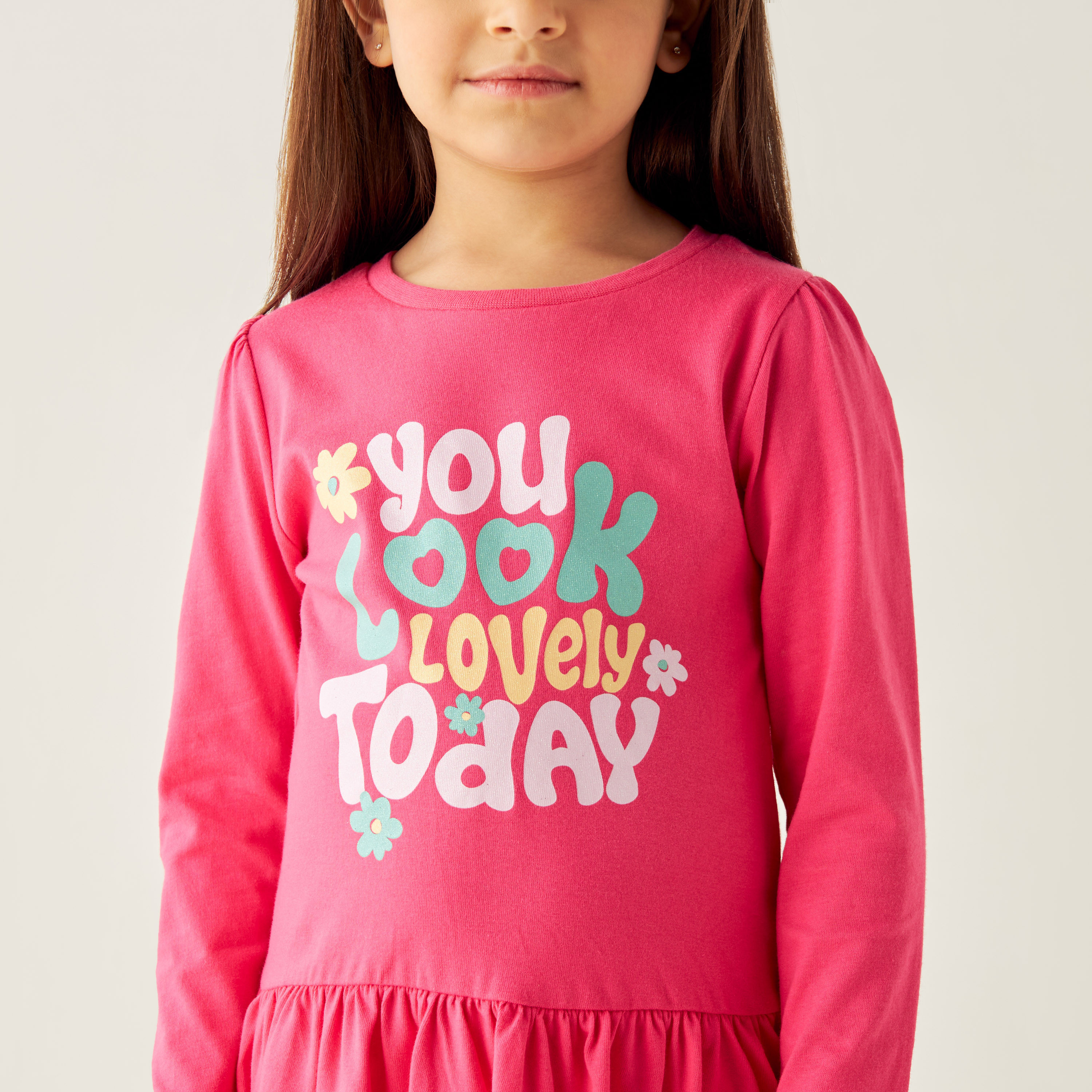 Juniors Slogan Print A-line Dress with Long Sleeves and Round Neck-girls-clothing-dressesandjumpsuits-image-3