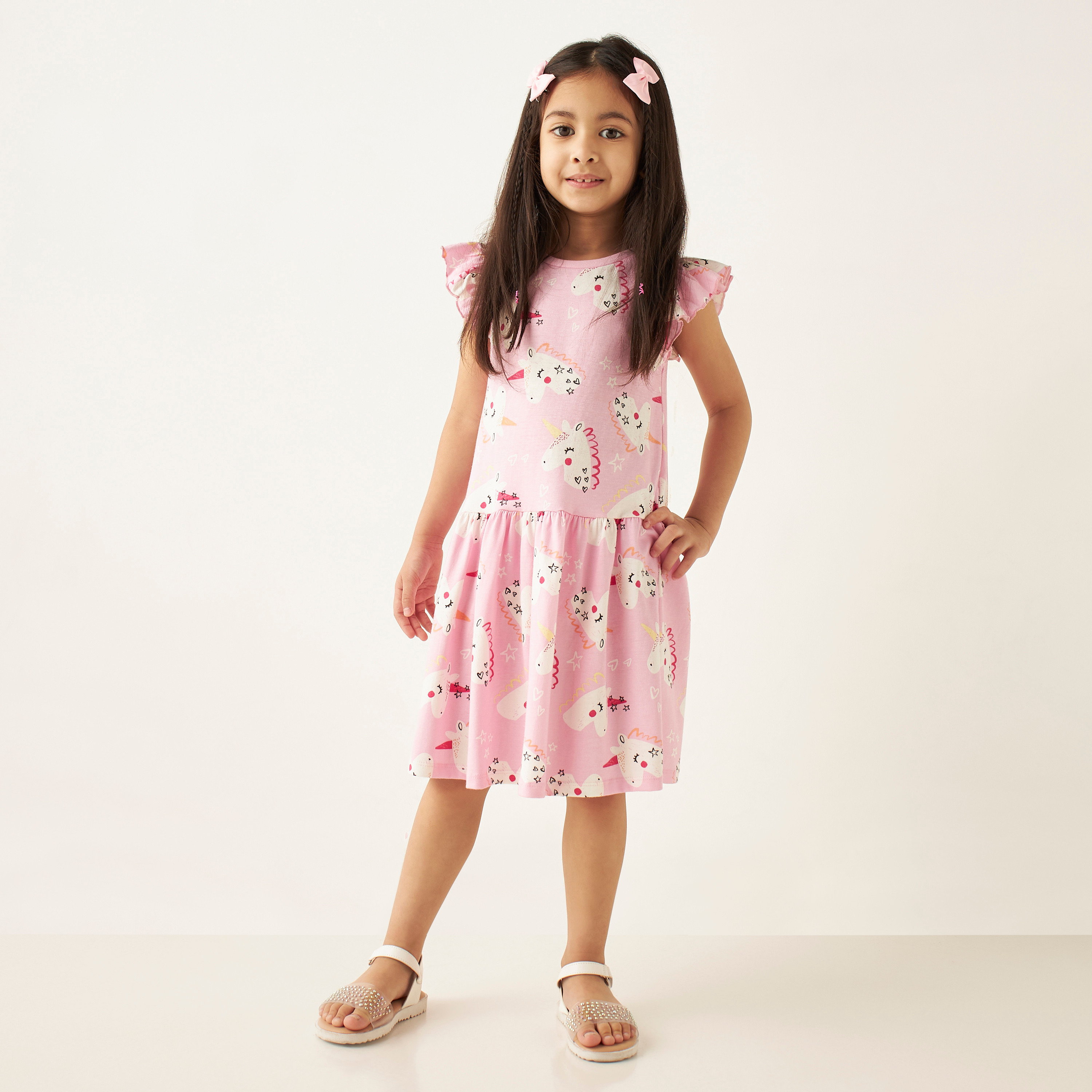 Juniors All-Over Unicorn Print Drop Waist Dress with Ruffled Sleeves-girls-clothing-dressesandjumpsuits-image-2