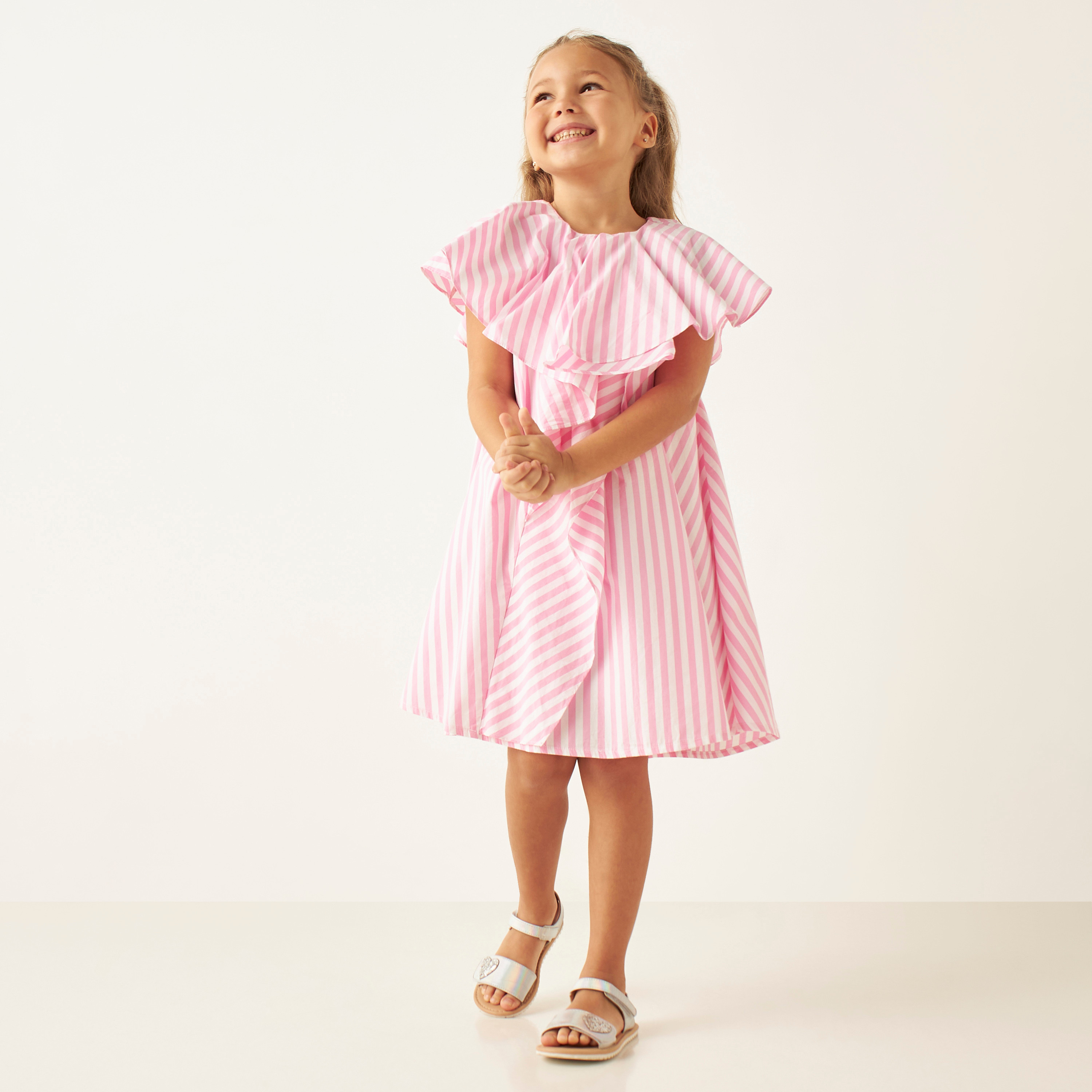 Juniors Striped Dress with Round Neck and Ruffle Detail-girls-clothing-dressesandjumpsuits-image-2