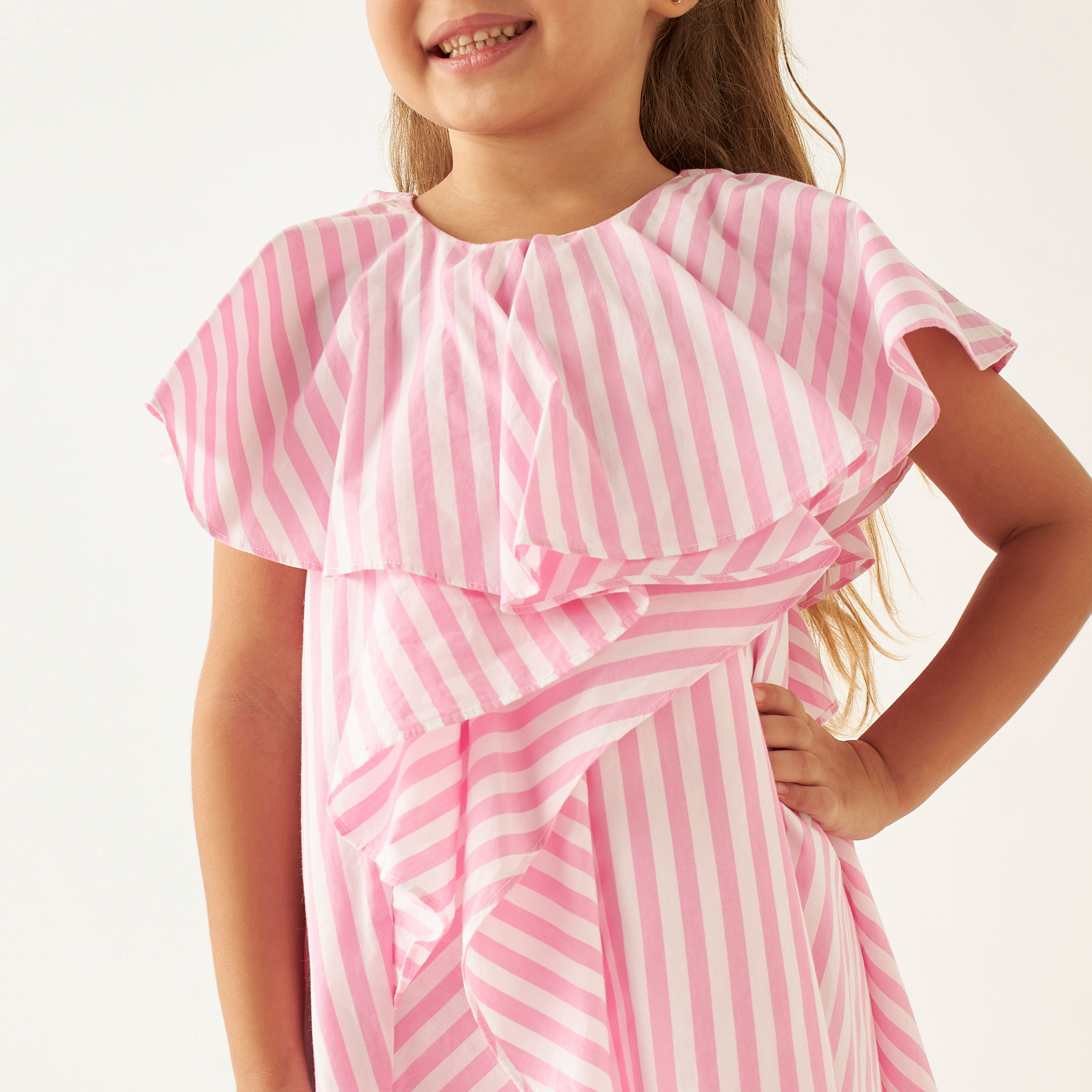 Juniors Striped Dress with Round Neck and Ruffle Detail-girls-clothing-dressesandjumpsuits-image-3