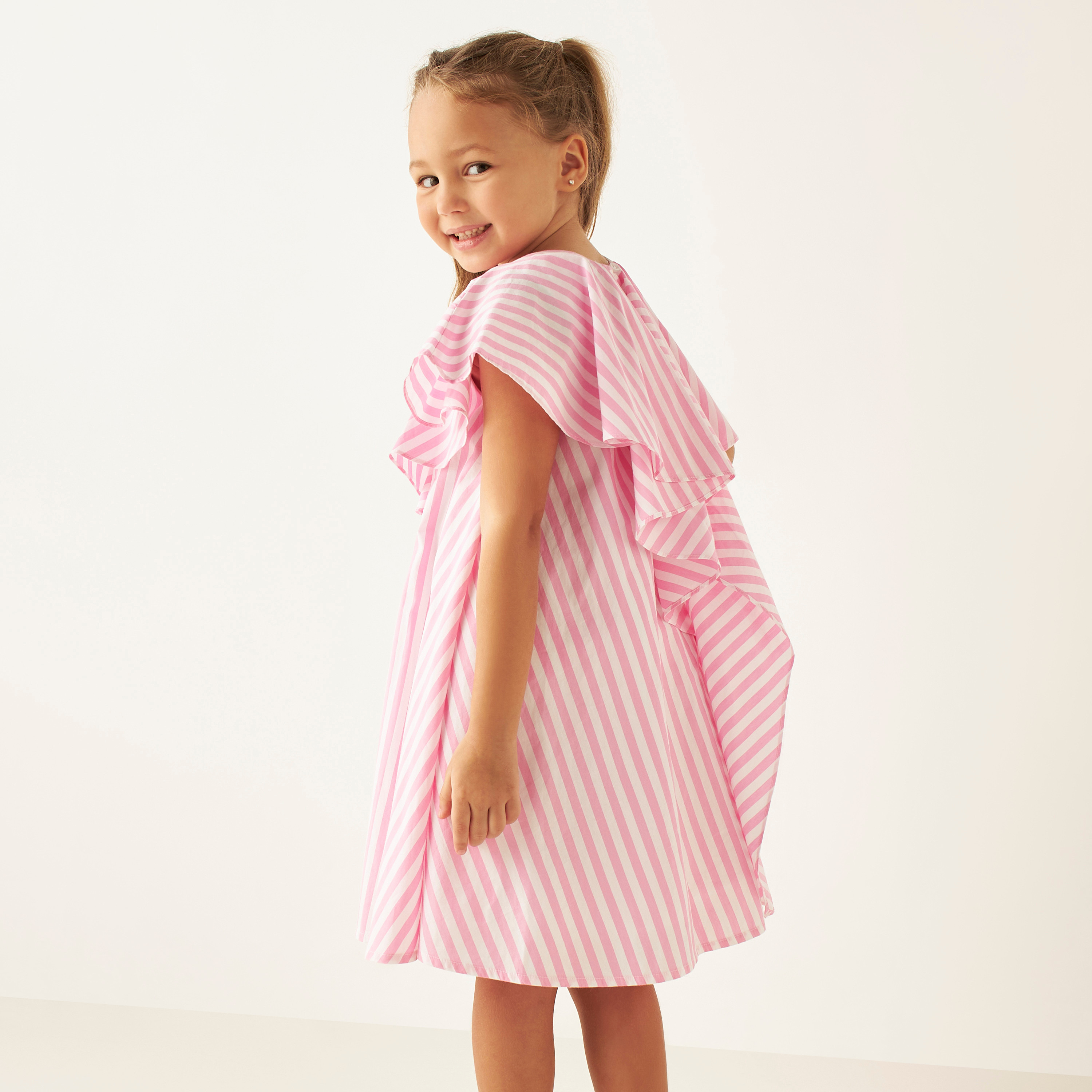 Juniors Striped Dress with Round Neck and Ruffle Detail-girls-clothing-dressesandjumpsuits-image-4