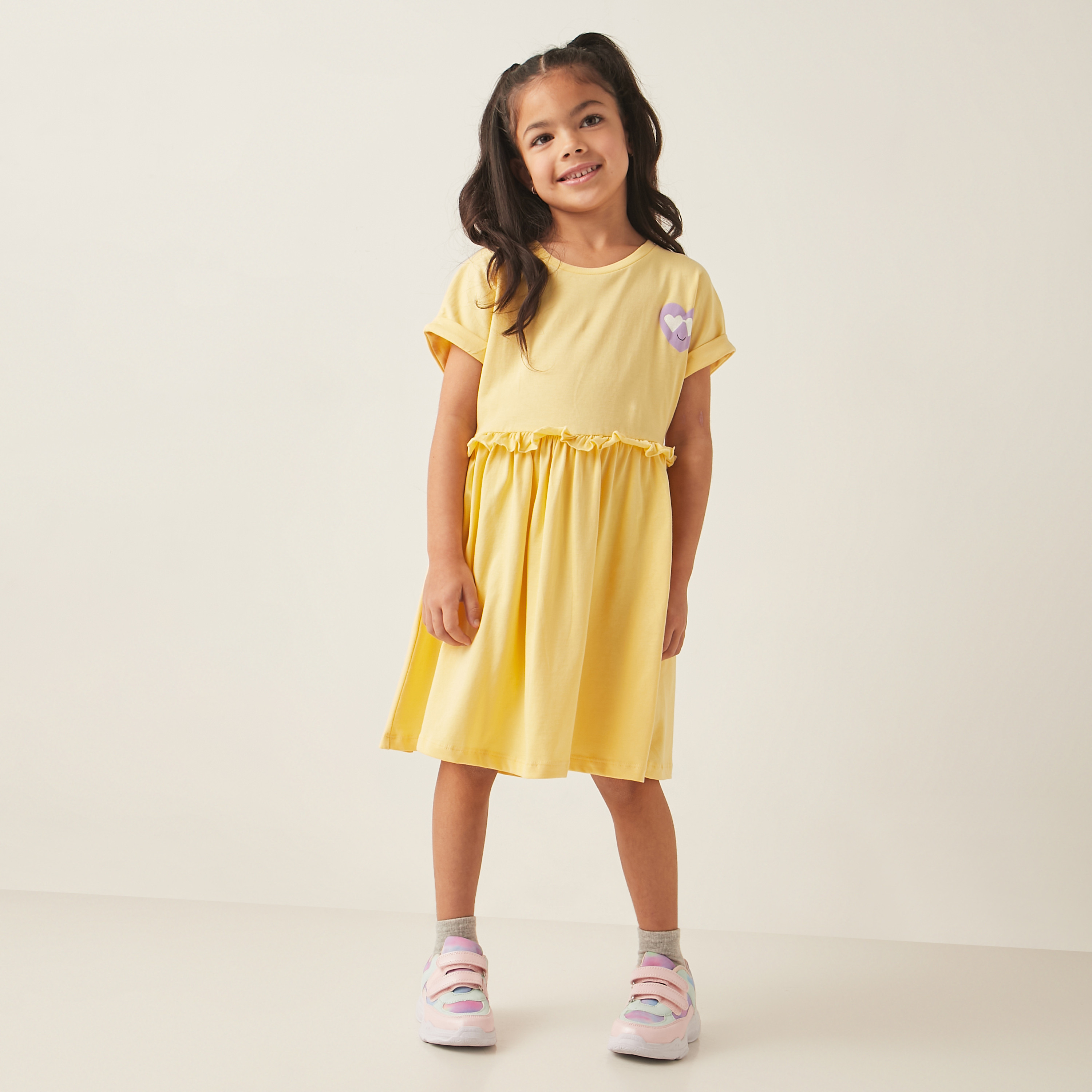Juniors Heart Print A-line Dress with Short Sleeves and Ruffle Detail-girls-clothing-dressesandjumpsuits-image-2