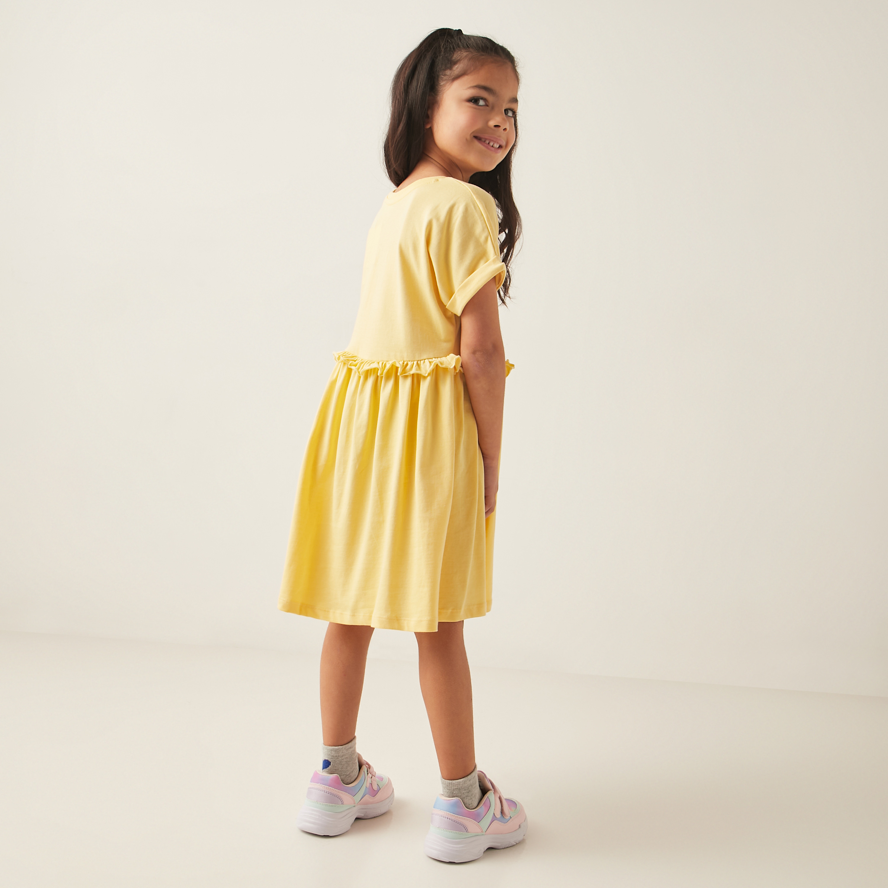 Juniors Heart Print A-line Dress with Short Sleeves and Ruffle Detail-girls-clothing-dressesandjumpsuits-image-4