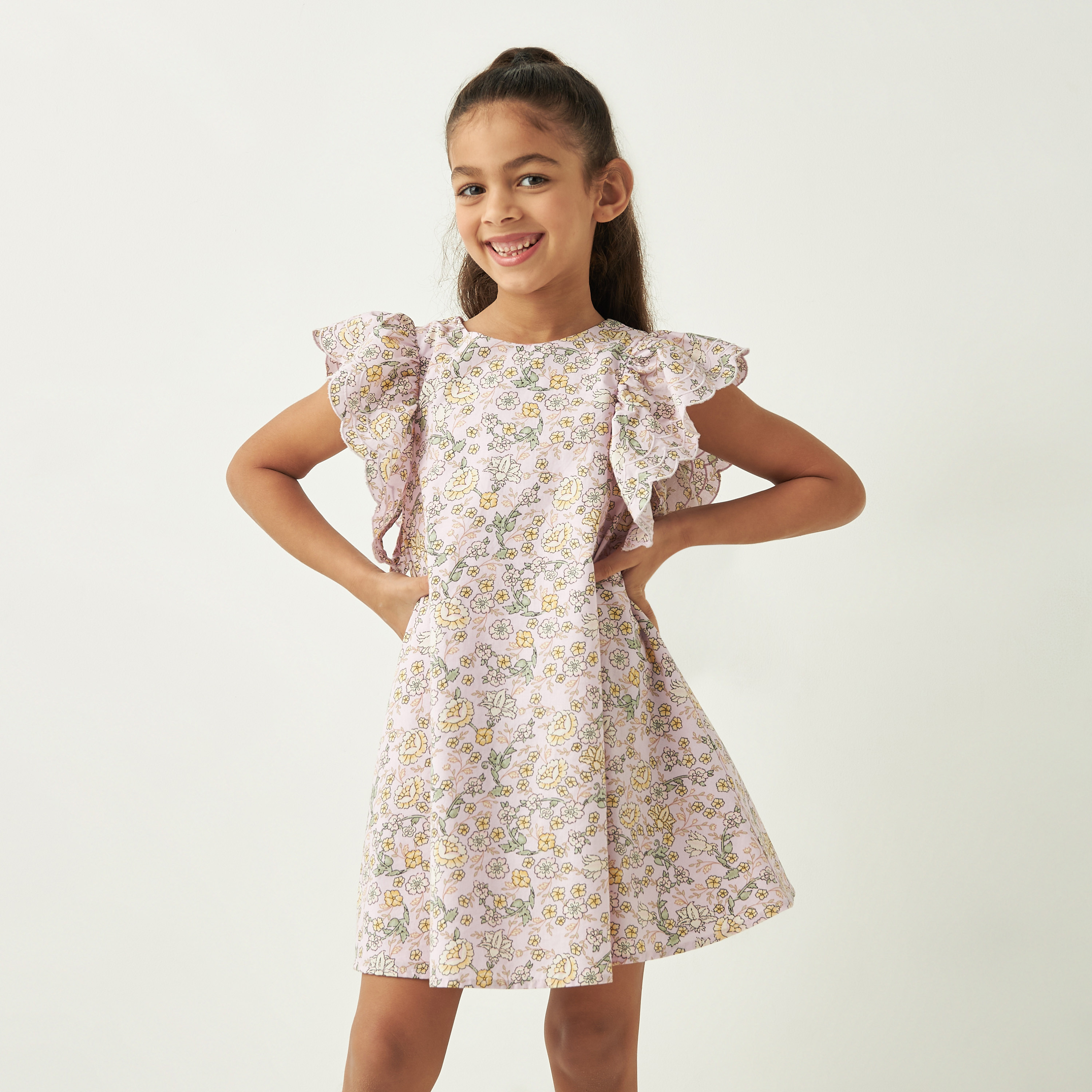 Juniors All-Over Floral Print A-line Dress with Flutter Sleeves-girls-clothing-dressesandjumpsuits-image-1