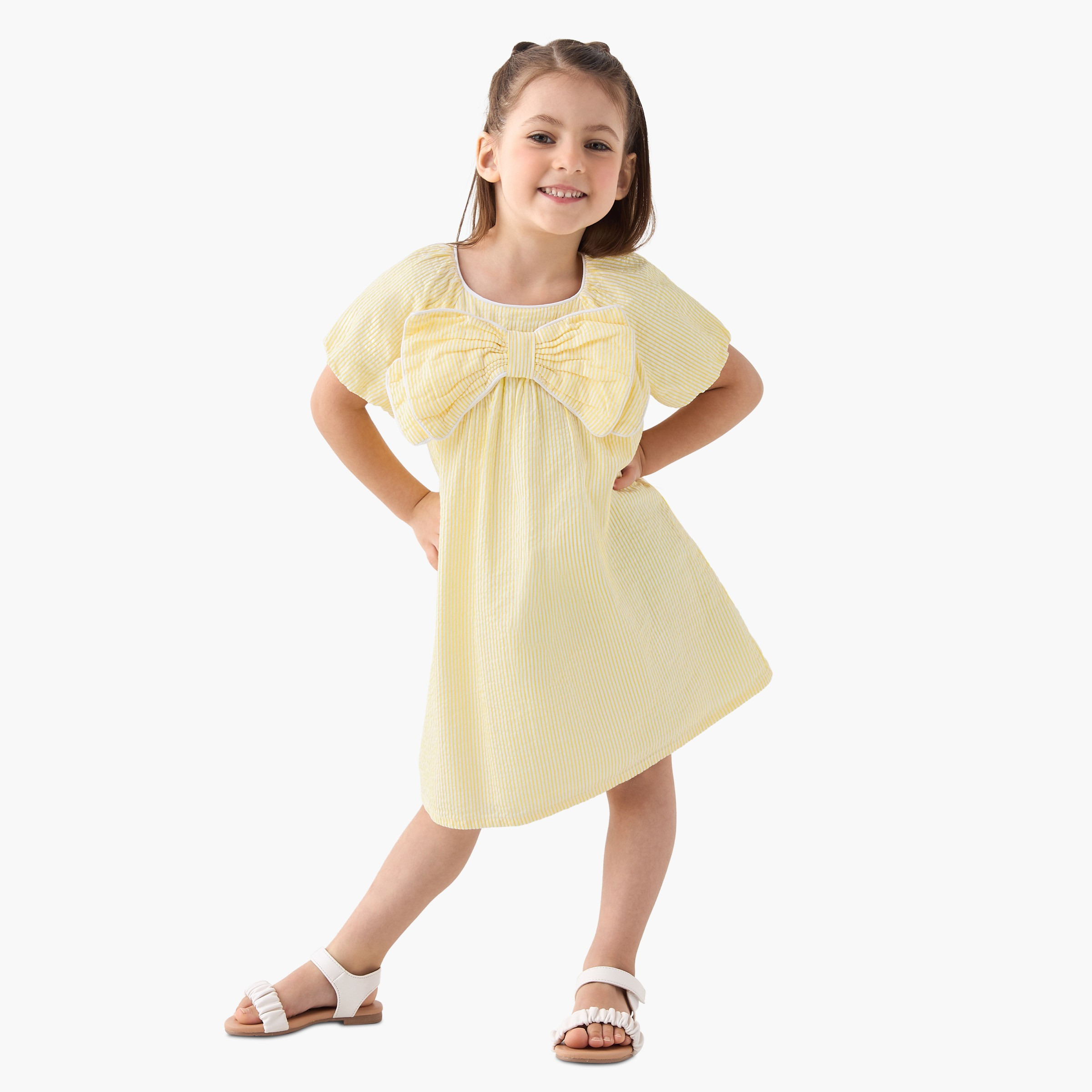 Juniors Striped Dress with Short Sleeves and Bow Detail-girls-clothing-dressesandjumpsuits-image-2