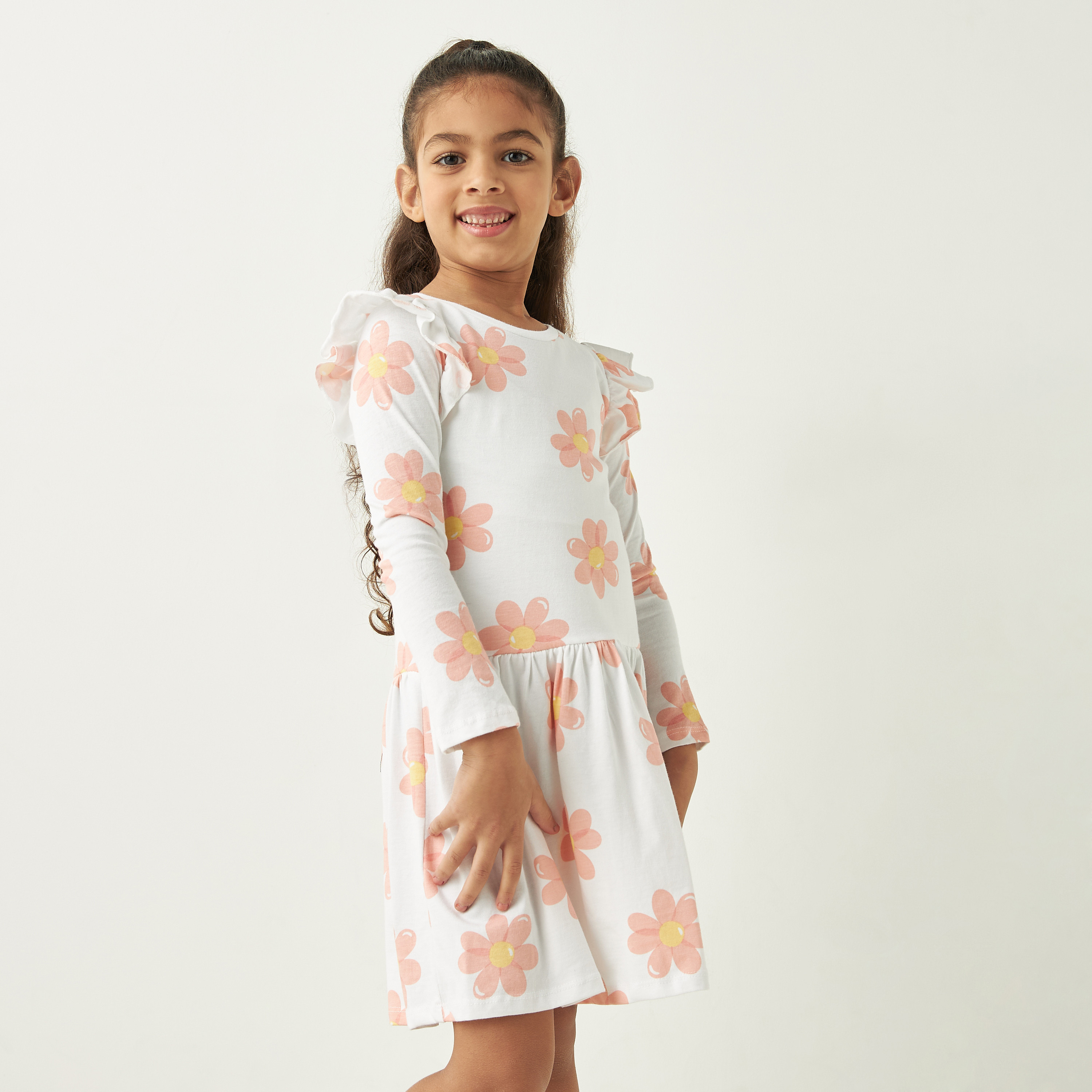 Juniors All-Over Floral Print A-Line Dress with Long Sleeves and Ruffle Detail-girls-clothing-dressesandjumpsuits-image-1