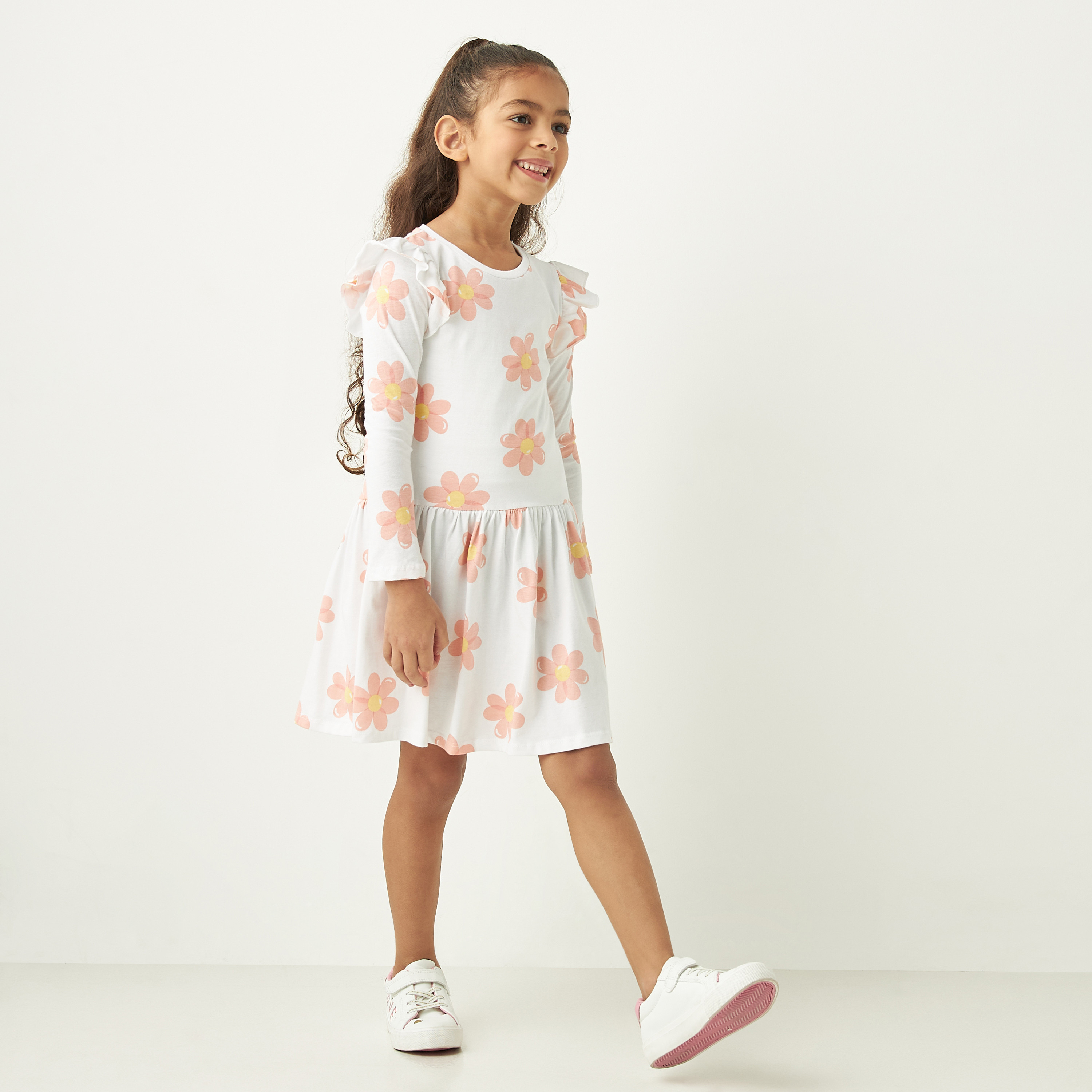 Juniors All-Over Floral Print A-Line Dress with Long Sleeves and Ruffle Detail-girls-clothing-dressesandjumpsuits-image-2