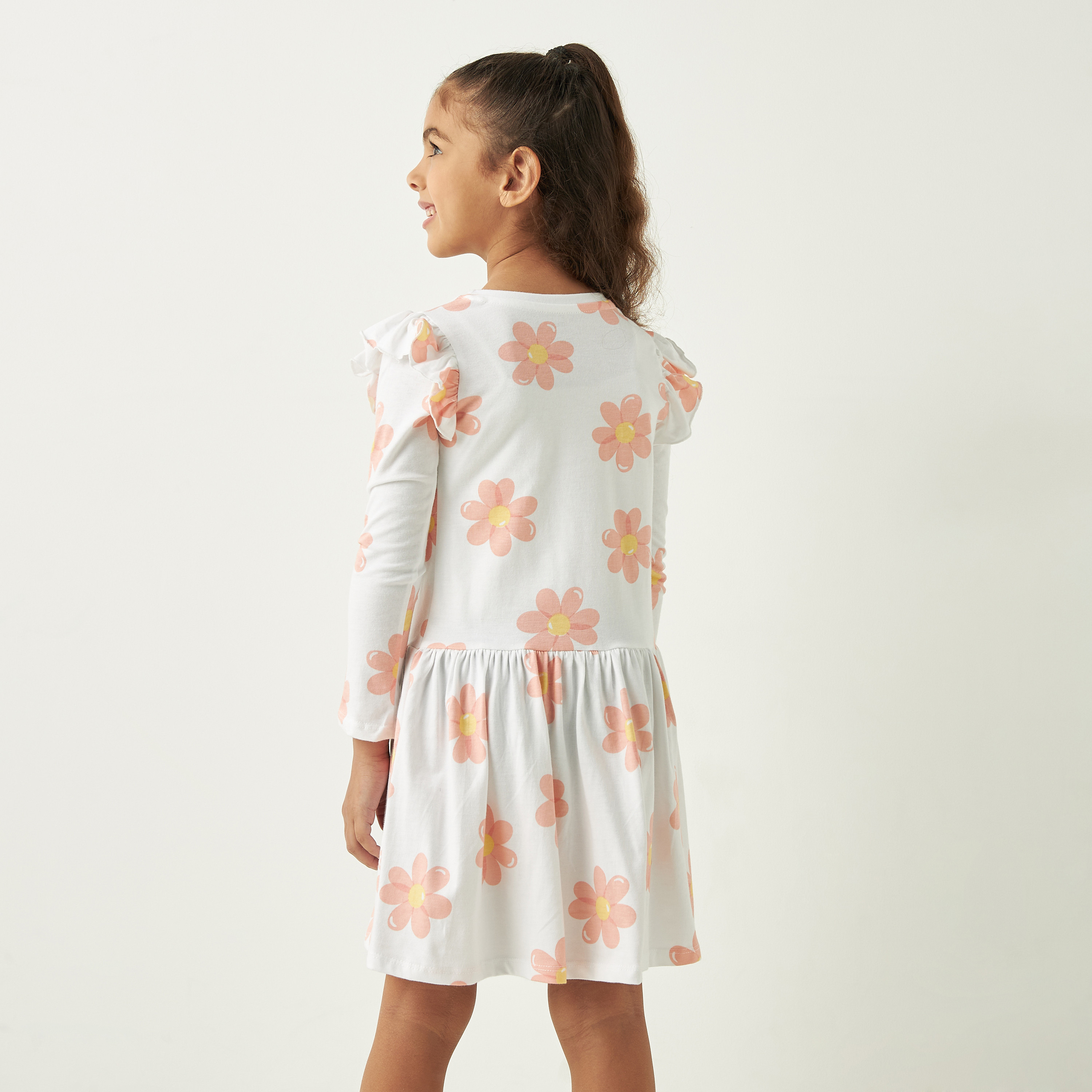 Juniors All-Over Floral Print A-Line Dress with Long Sleeves and Ruffle Detail-girls-clothing-dressesandjumpsuits-image-3
