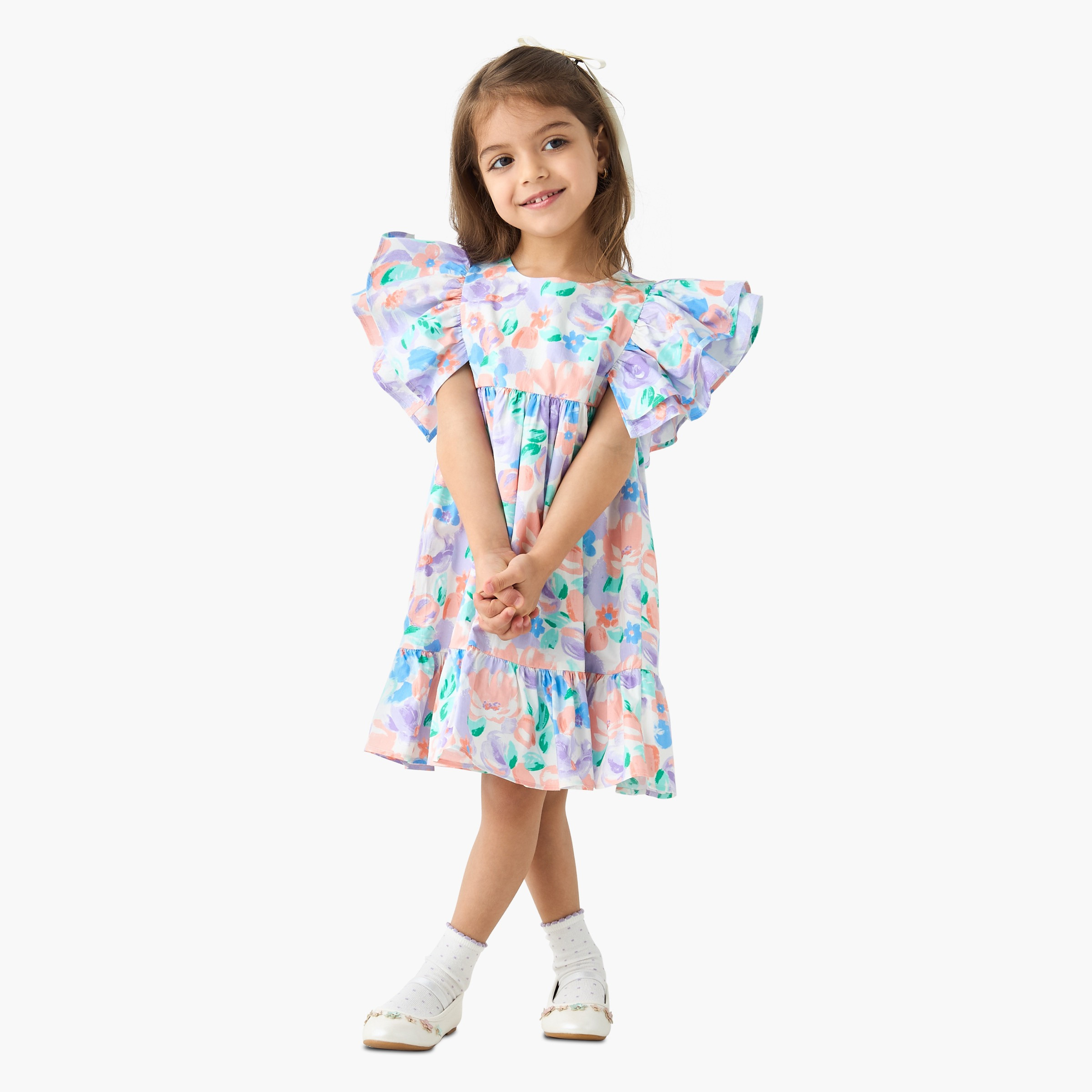 Juniors All-Over Floral Print A-Line Dress with Flutter Sleeves-girls-clothing-dressesandjumpsuits-image-1