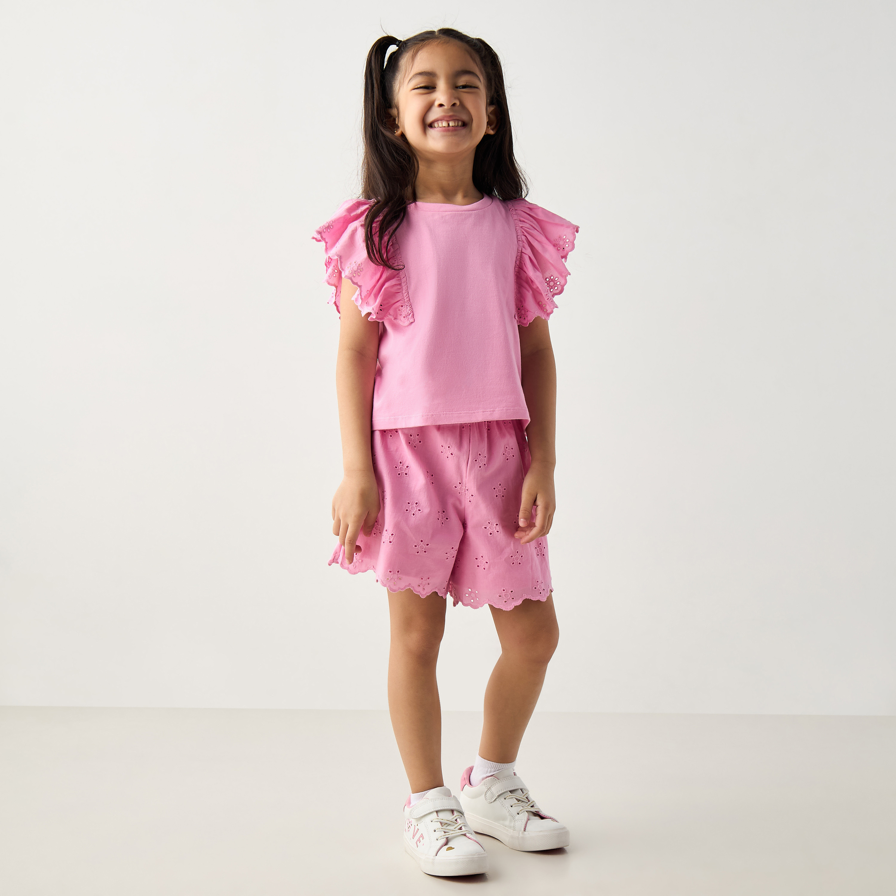 Juniors Solid Schiffli Detail Top and Shorts Set-baby-girls-clothing-setsandcoords-image-1