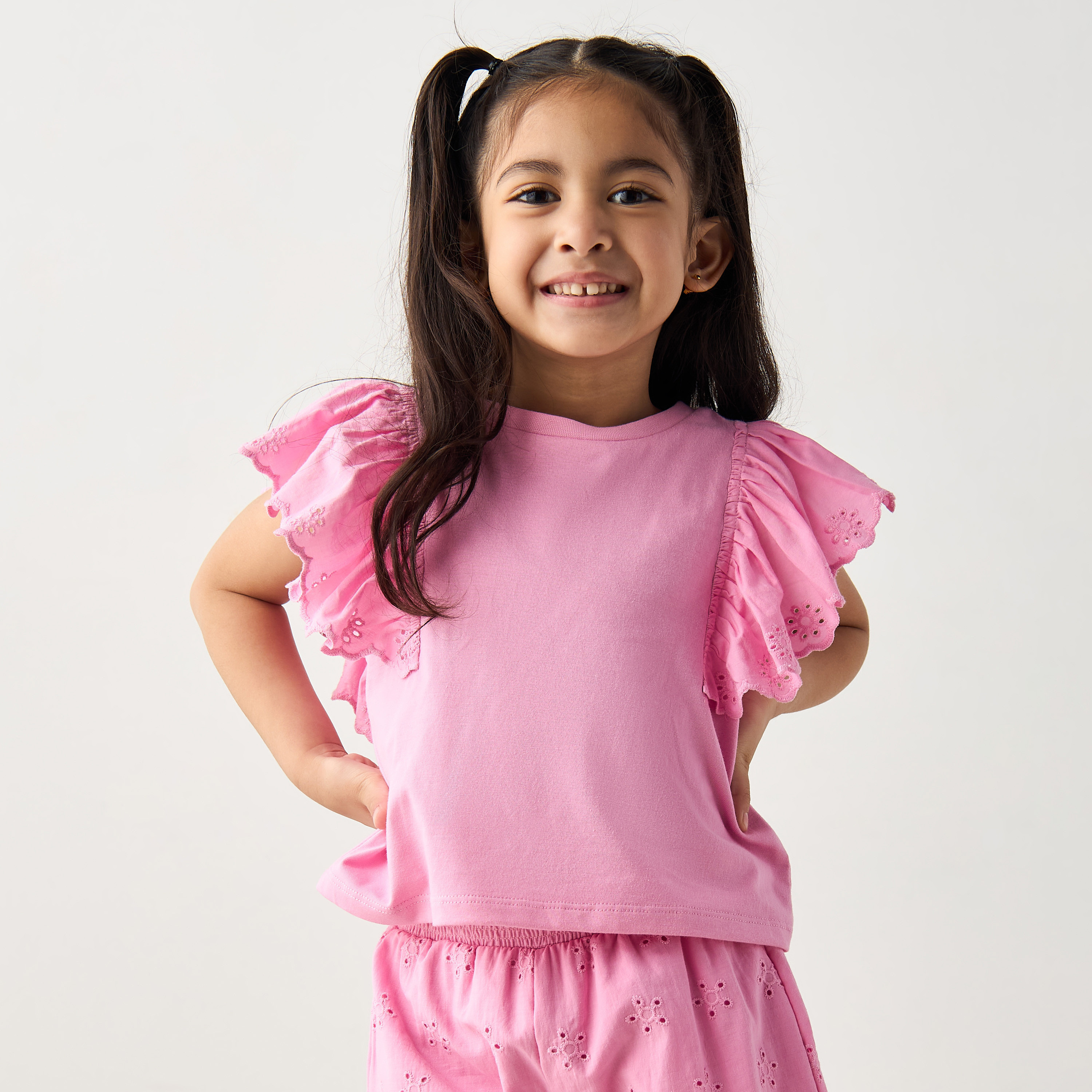 Juniors Solid Schiffli Detail Top and Shorts Set-baby-girls-clothing-setsandcoords-image-2