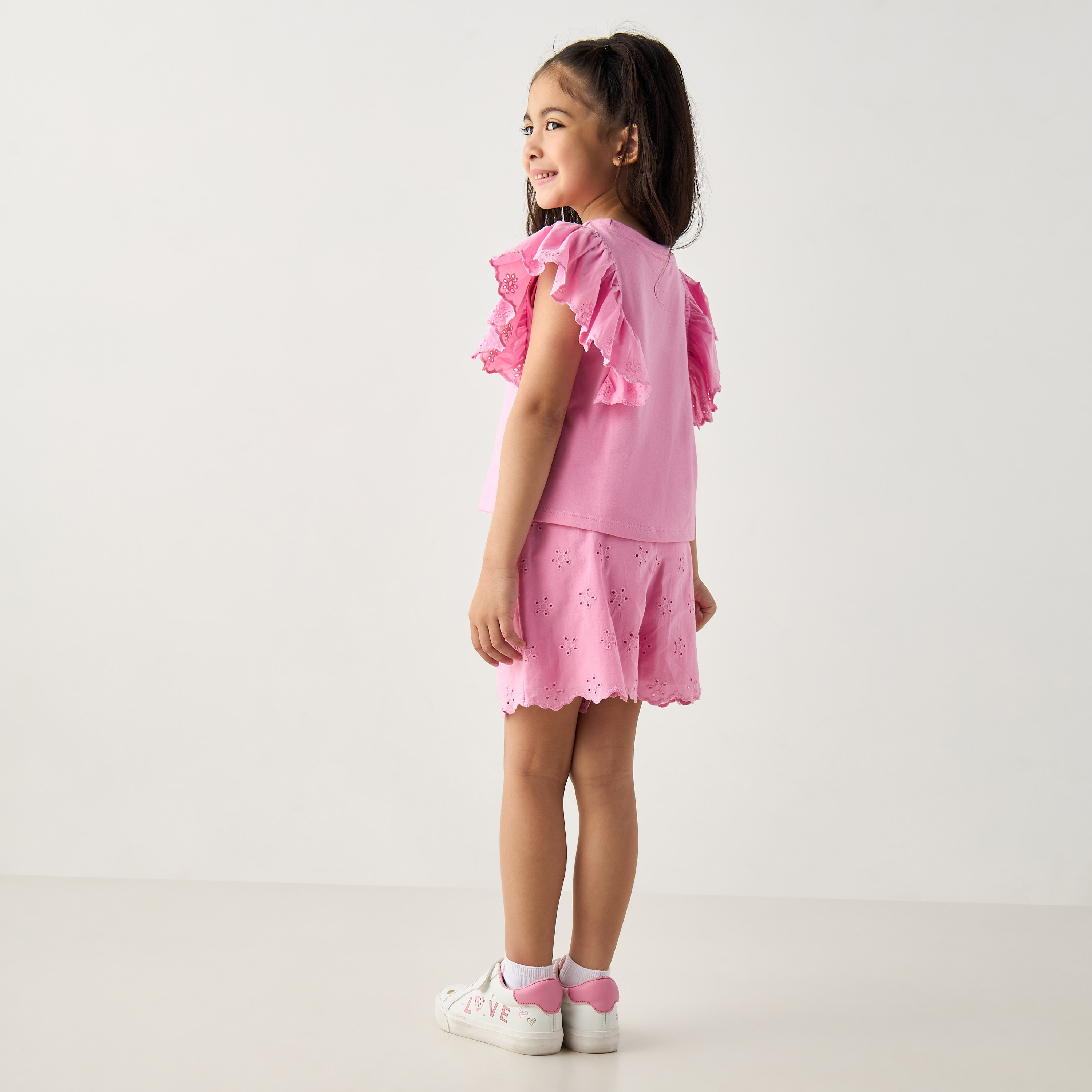 Juniors Solid Schiffli Detail Top and Shorts Set-baby-girls-clothing-setsandcoords-image-4