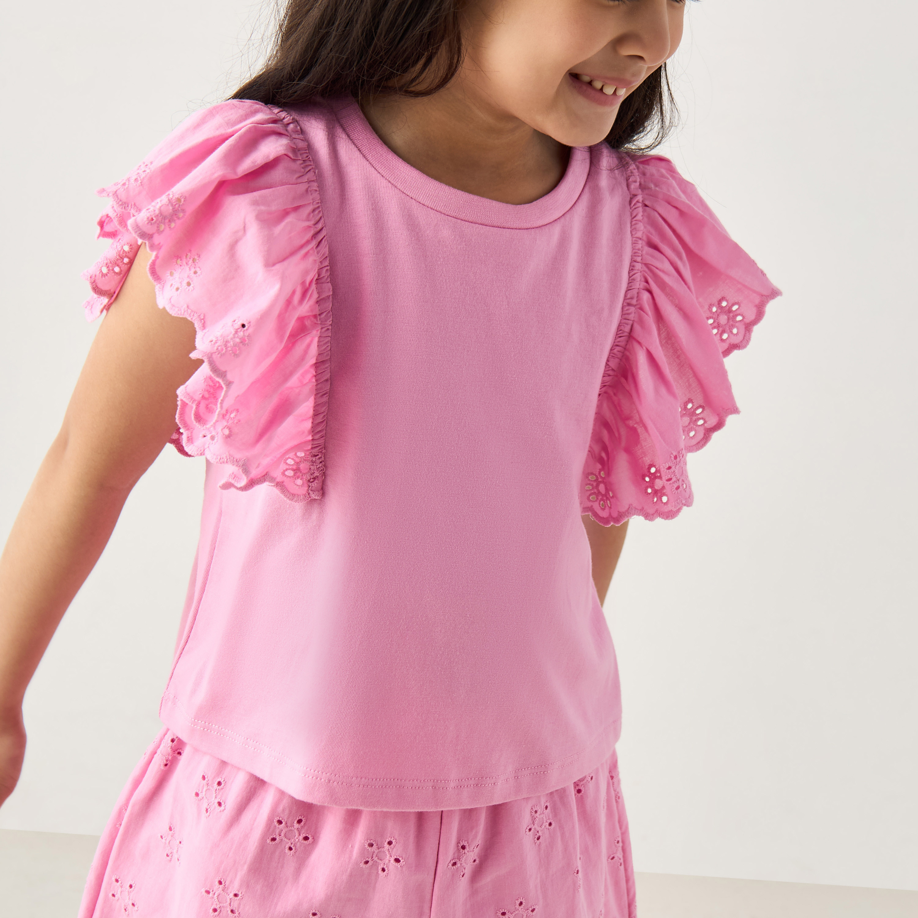 Juniors Solid Schiffli Detail Top and Shorts Set-baby-girls-clothing-setsandcoords-image-5