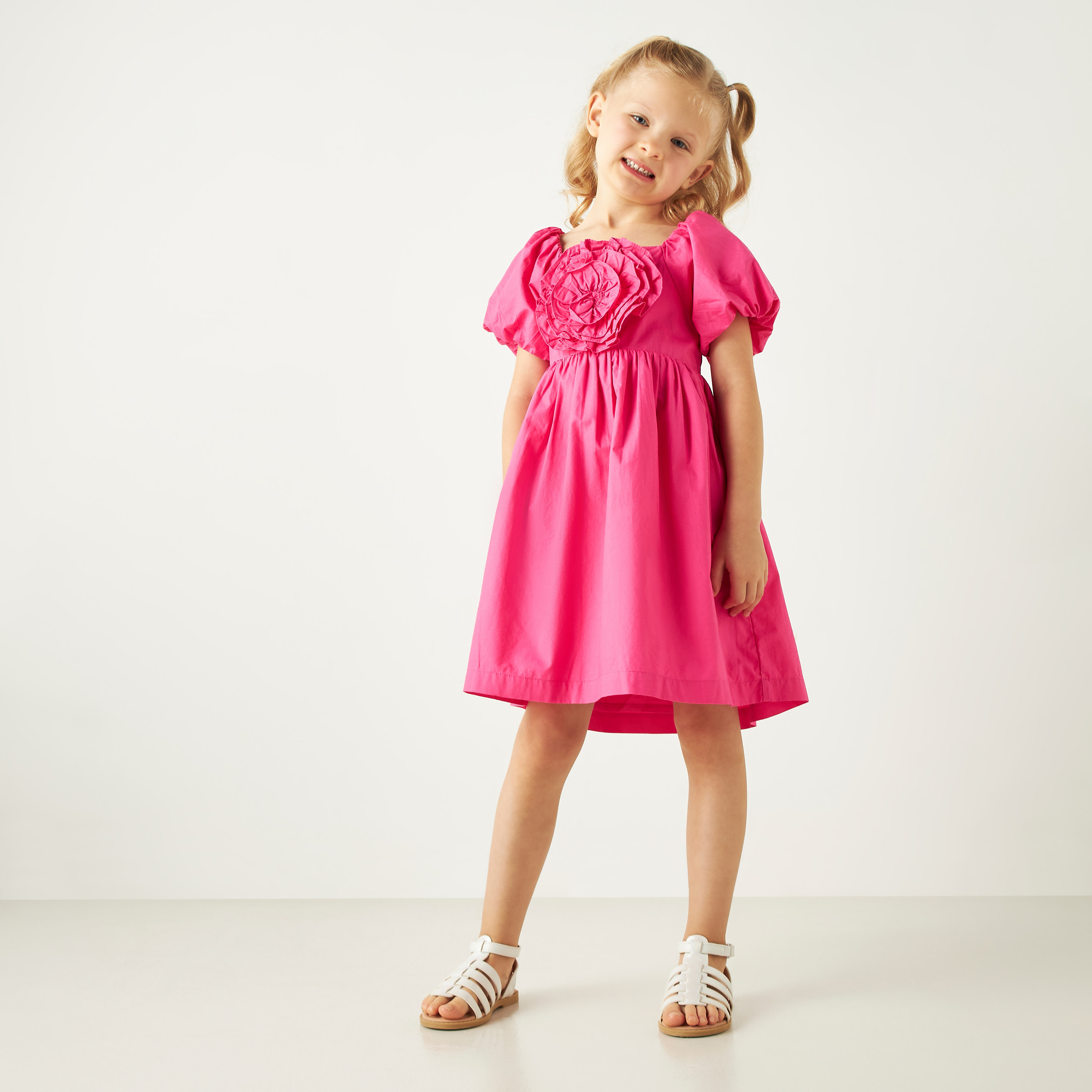 Juniors Flower Applique  A-line Dress with Puff Sleeves-girls-clothing-dressesandjumpsuits-image-1