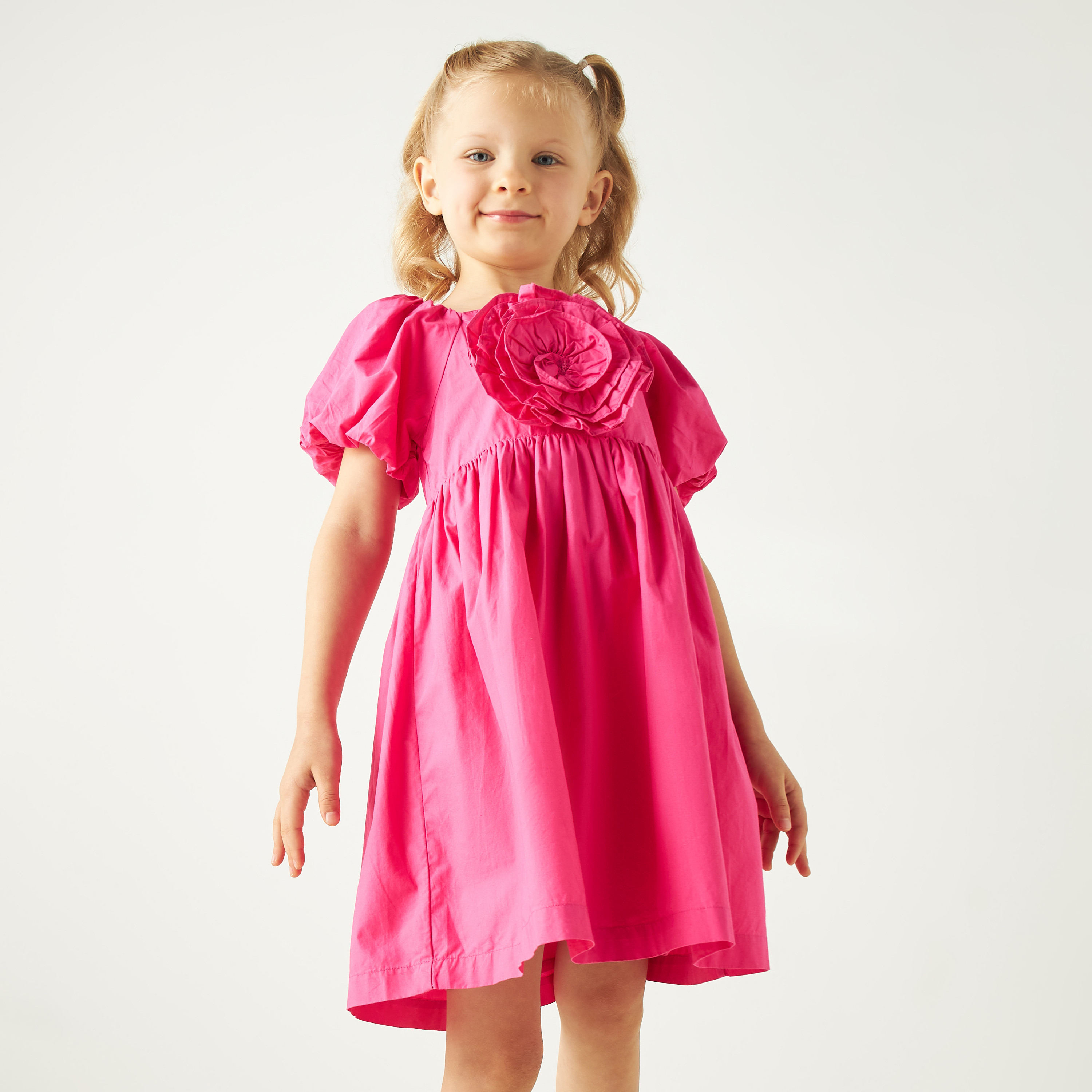 Juniors Flower Applique  A-line Dress with Puff Sleeves-girls-clothing-dressesandjumpsuits-image-2