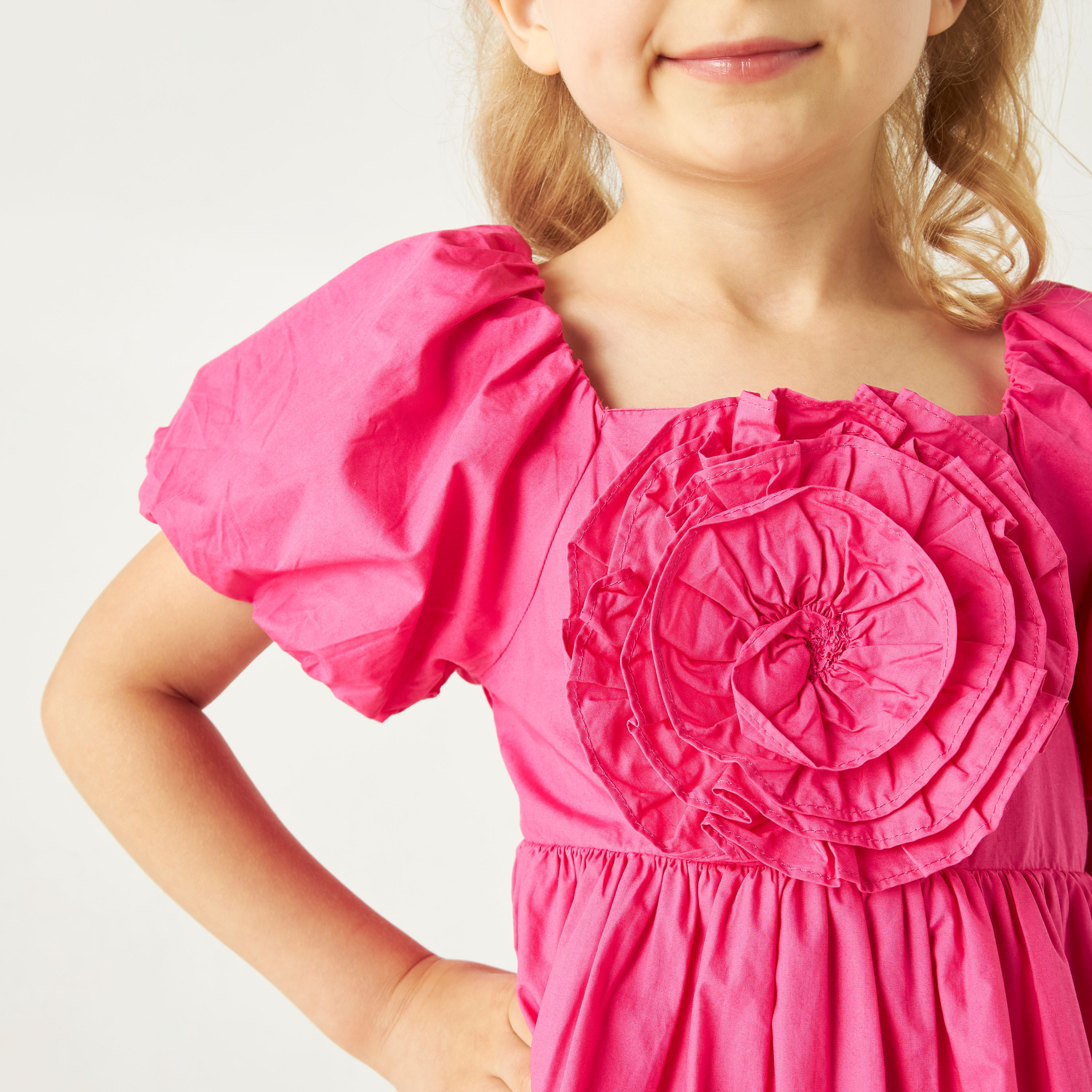 Juniors Flower Applique  A-line Dress with Puff Sleeves-girls-clothing-dressesandjumpsuits-image-4