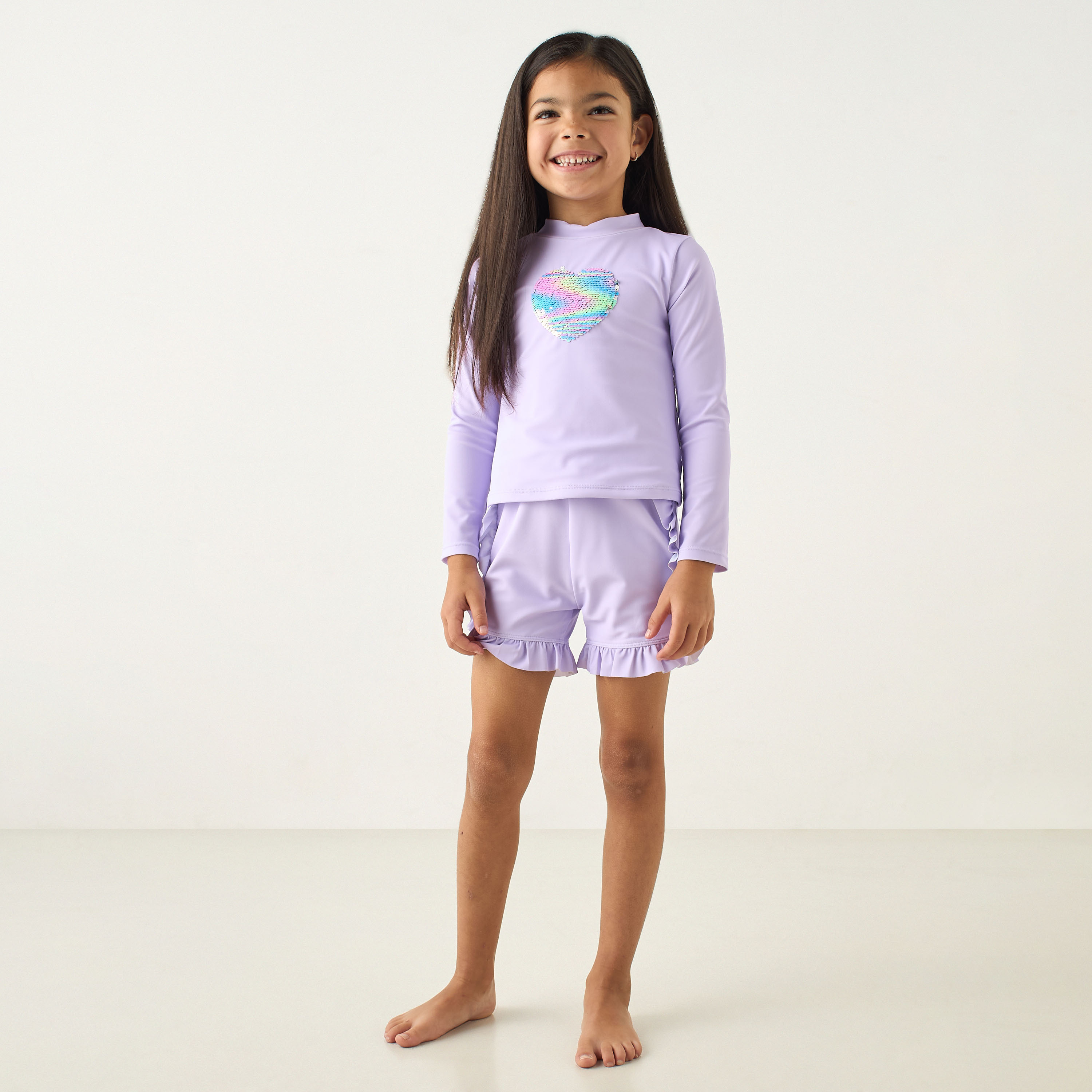 Juniors Heart Sequinned Long Sleeves Swim T-shirt and Shorts Set-baby-girls-clothing-swimwear-image-1