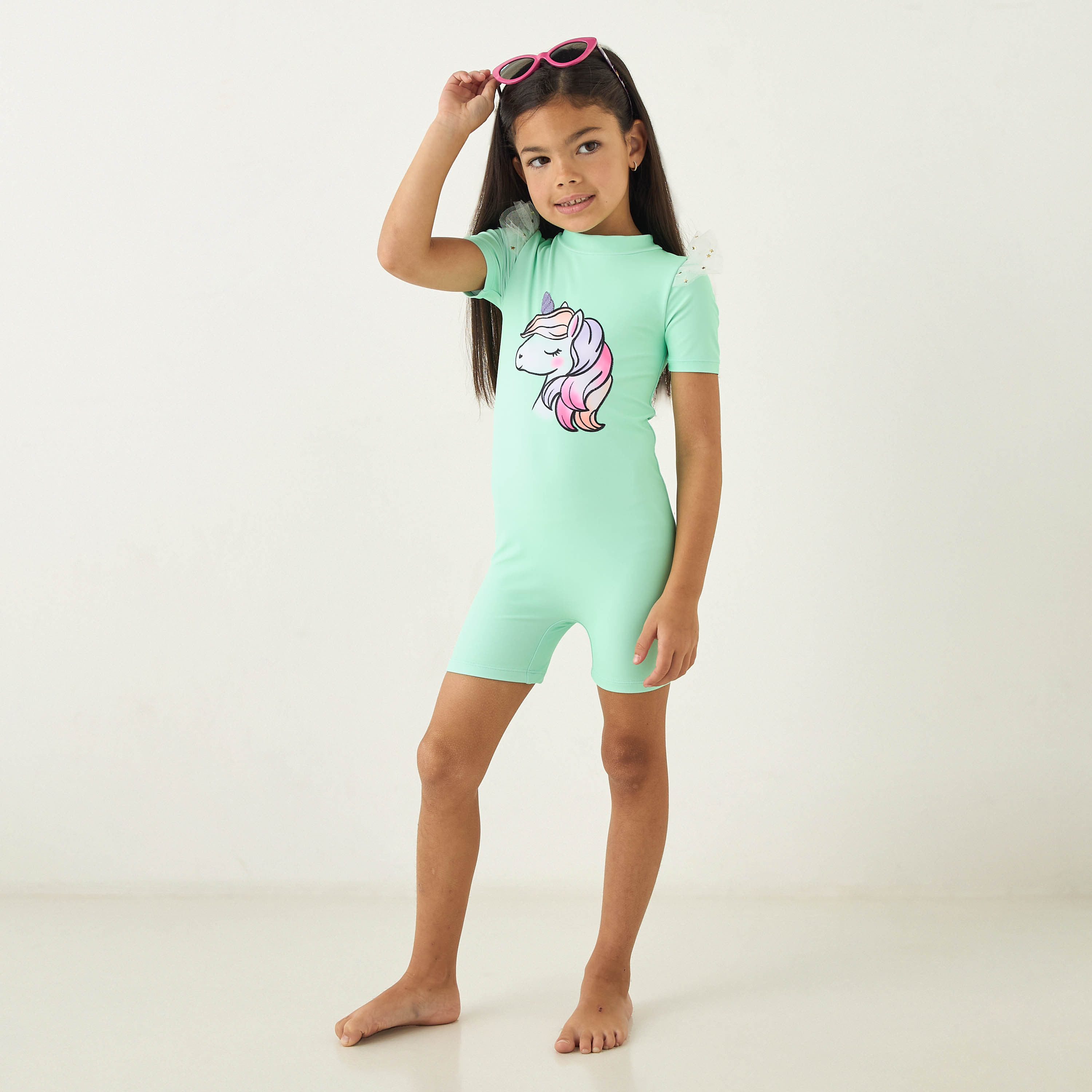 Juniors Unicorn Print Swimsuit with Short Sleeves and Round Neck-sports-gear-swimming-girl-image-2