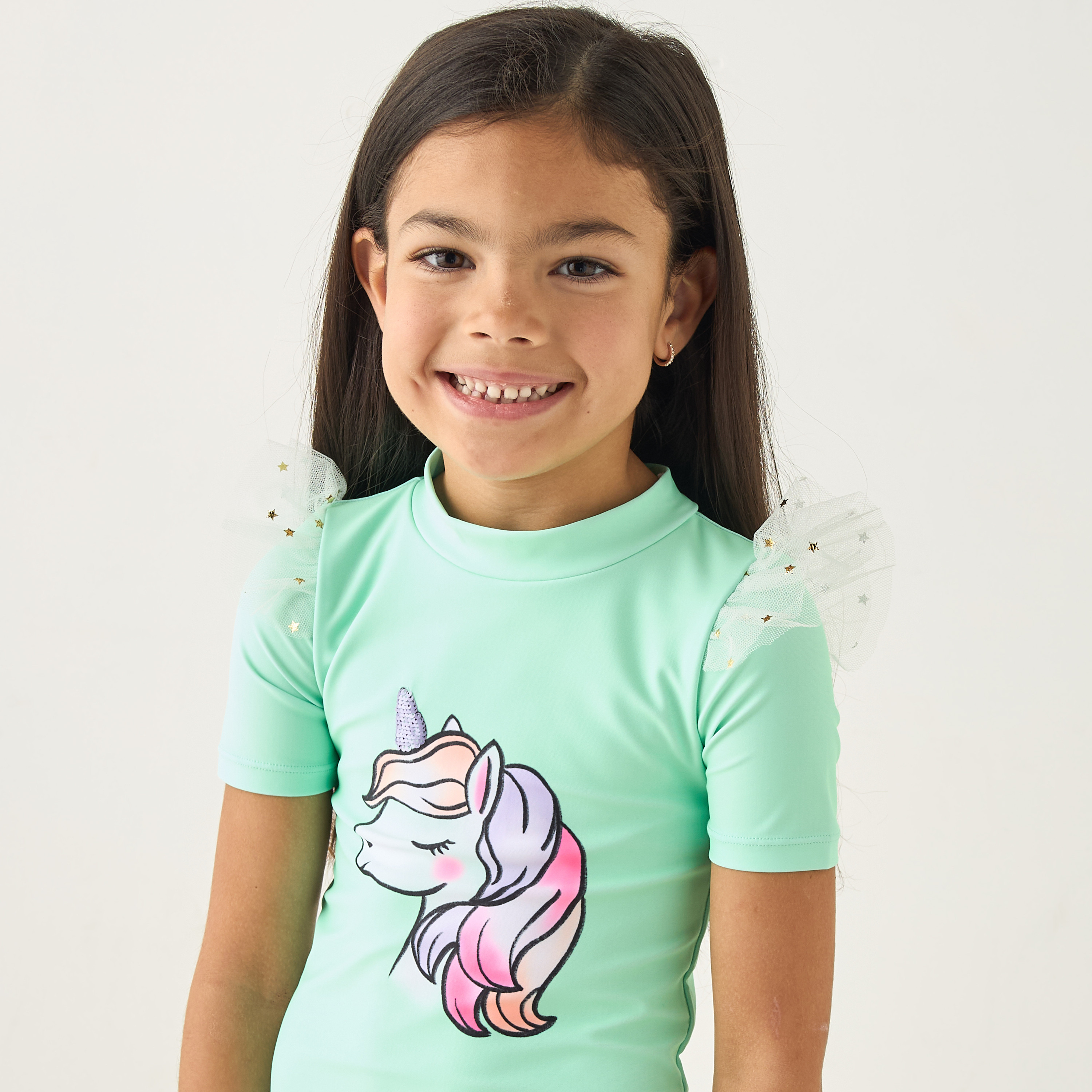 Juniors Unicorn Print Swimsuit with Short Sleeves and Round Neck-sports-gear-swimming-girl-image-4