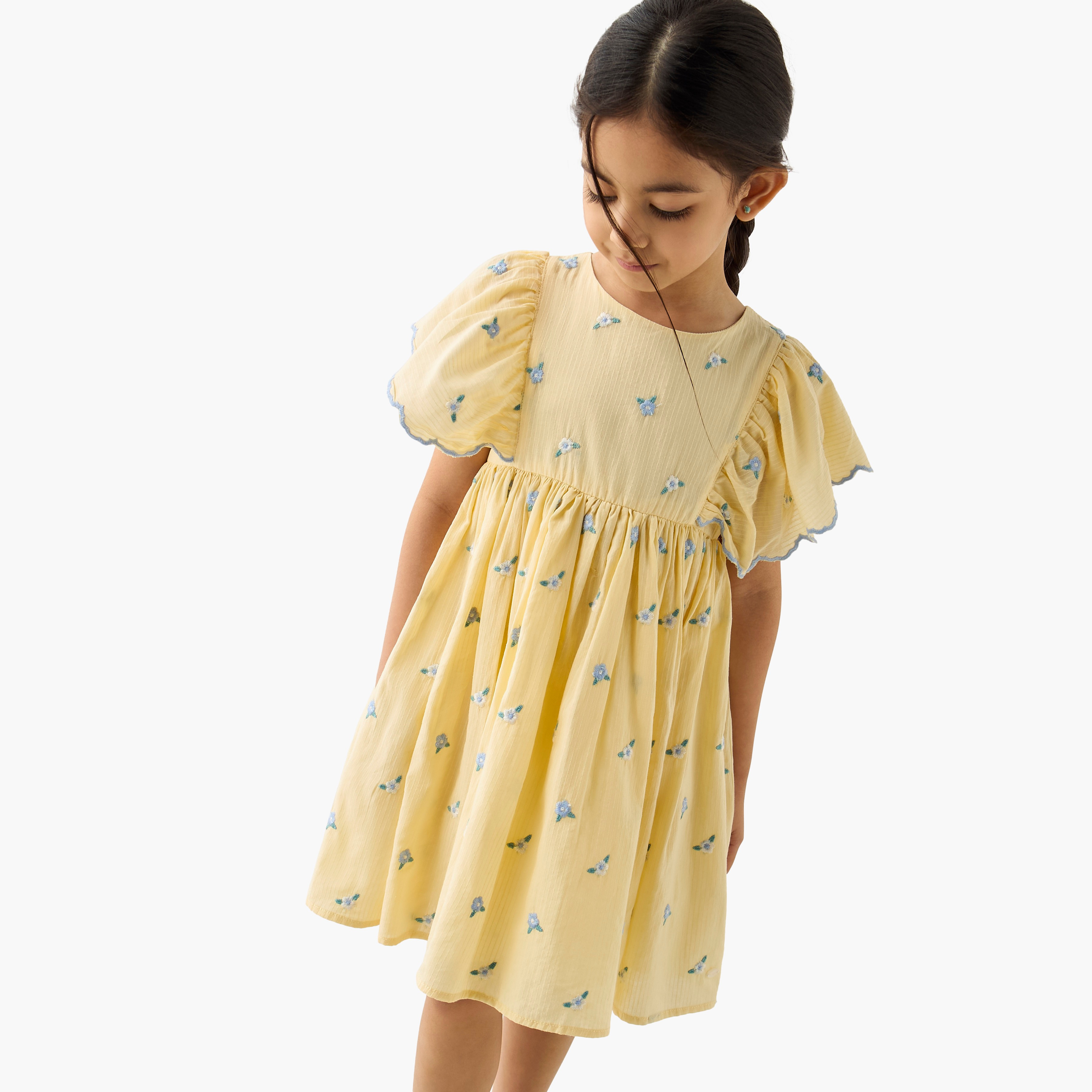 Eligo All-Over Floral Embroidered A-line Dress with Flutter Sleeves-girls-clothing-dressesandjumpsuits-image-1