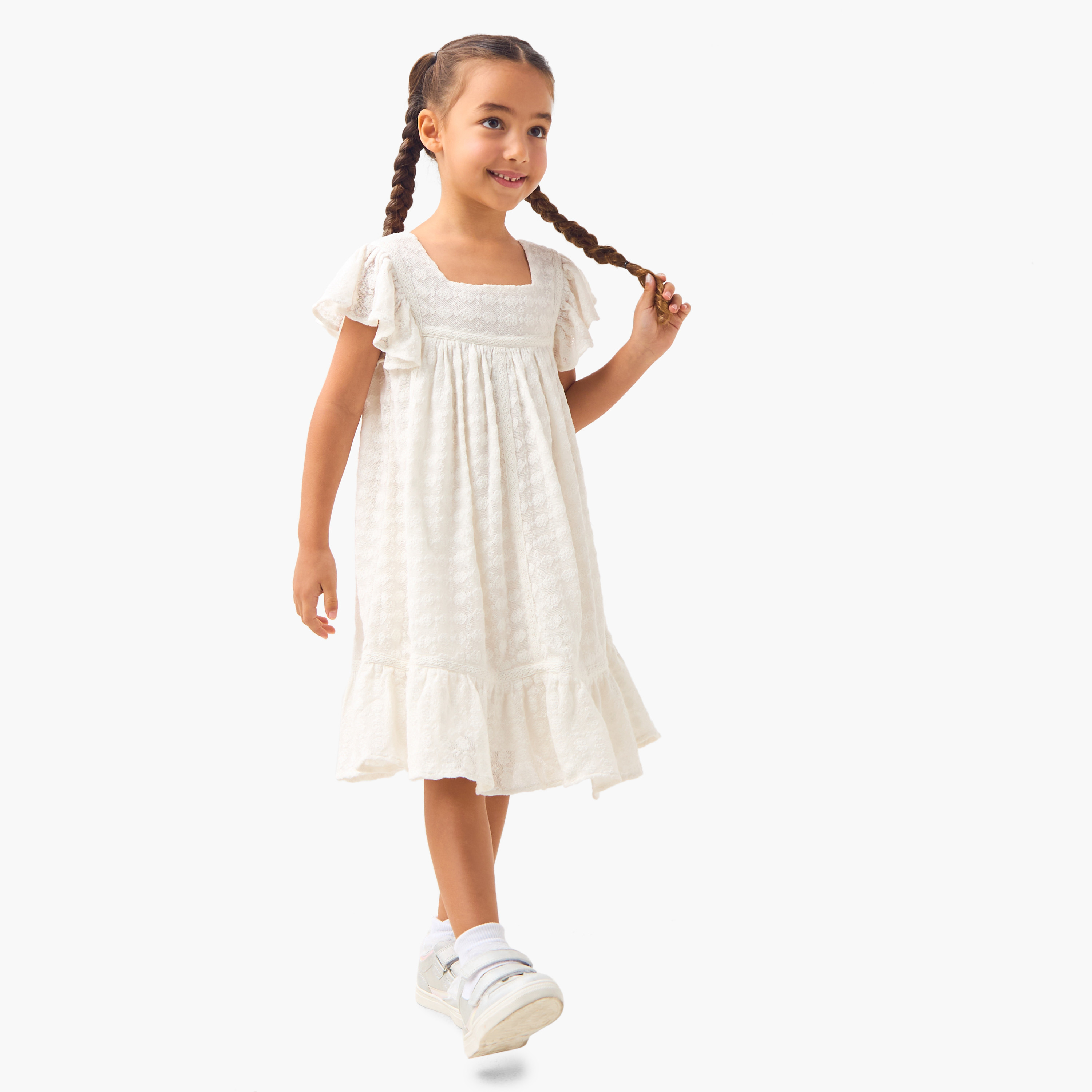Eligo Textured A-line Dress with Square Neck and Flutter Sleeves-girls-clothing-dressesandjumpsuits-image-1