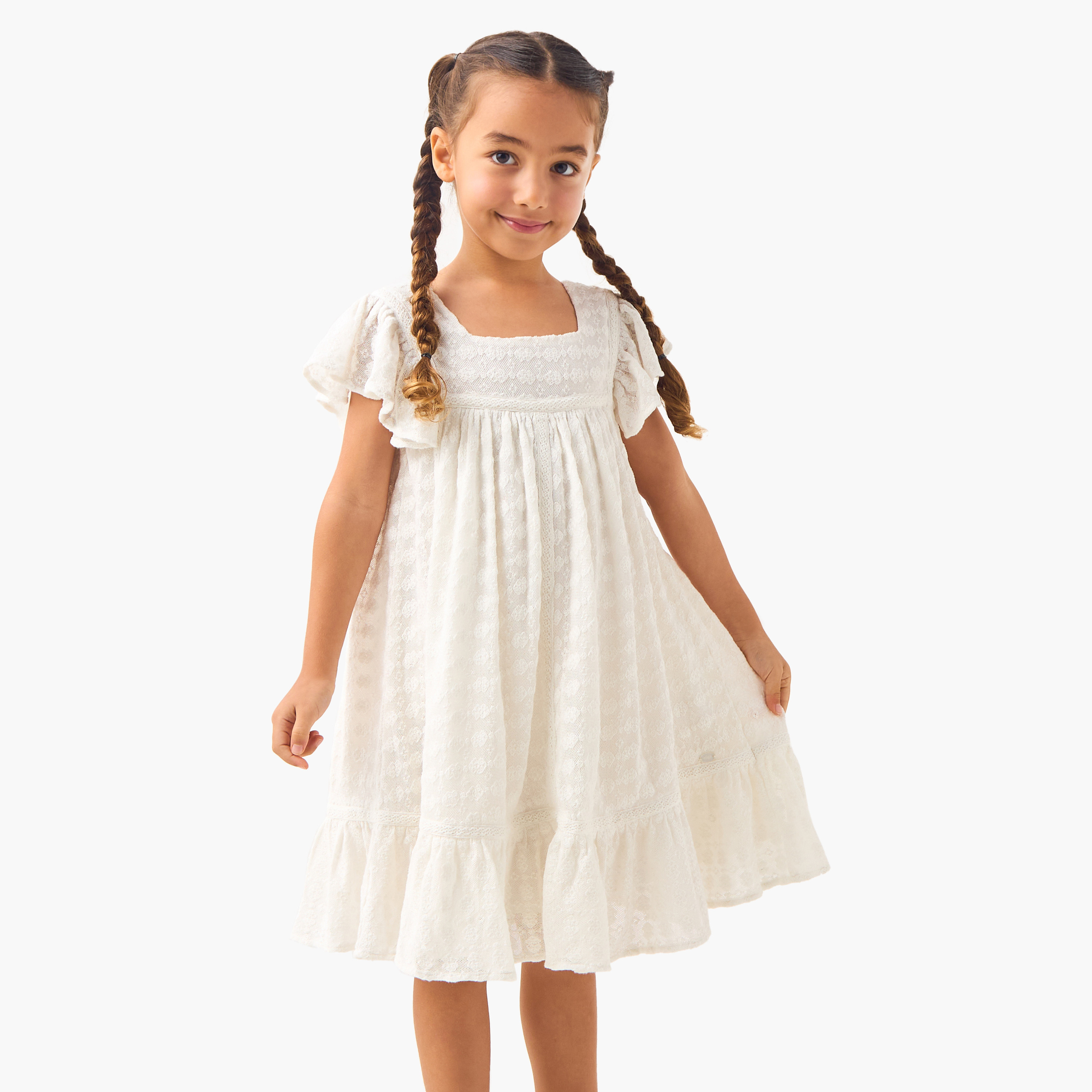 Eligo Textured A-line Dress with Square Neck and Flutter Sleeves-girls-clothing-dressesandjumpsuits-image-2