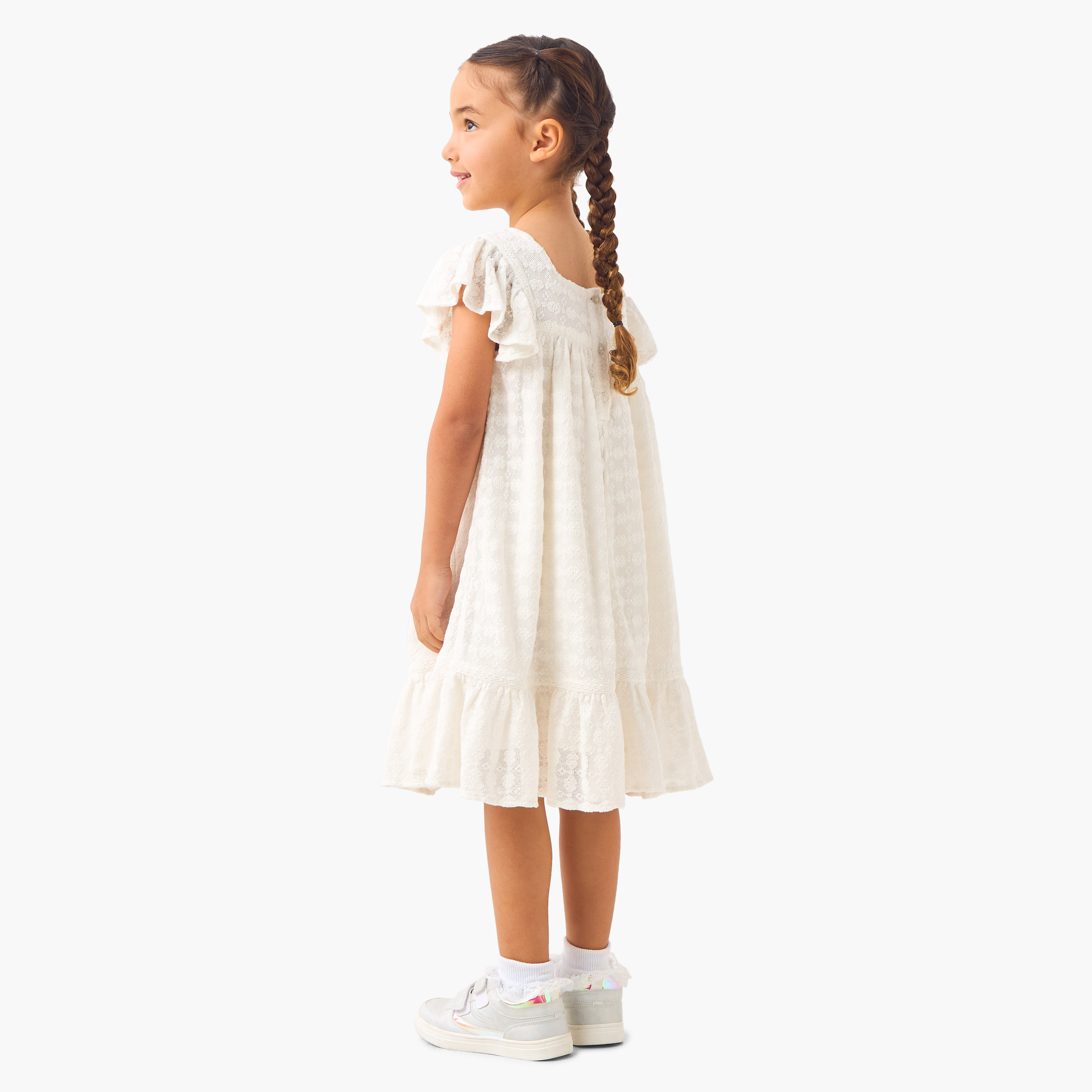 Eligo Textured A-line Dress with Square Neck and Flutter Sleeves-girls-clothing-dressesandjumpsuits-image-3