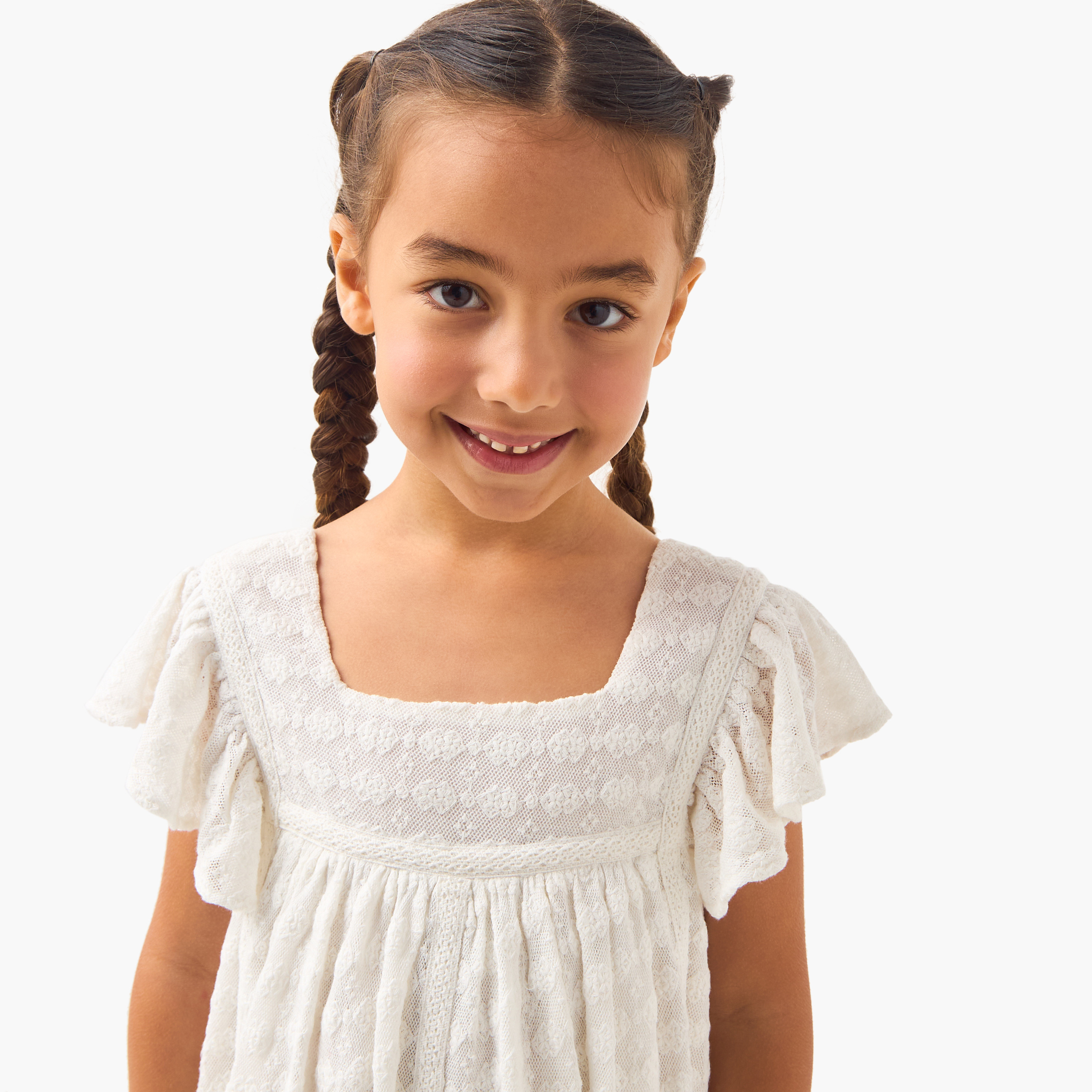 Eligo Textured A-line Dress with Square Neck and Flutter Sleeves-girls-clothing-dressesandjumpsuits-image-4