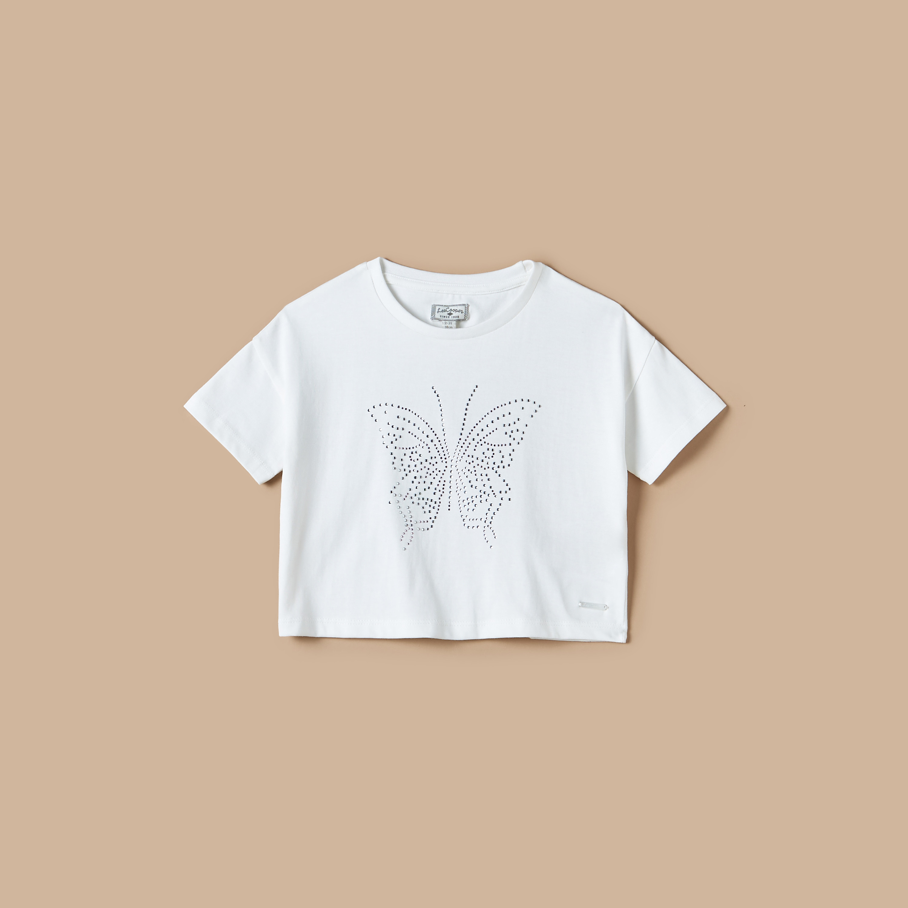 Lee Cooper Butterfly Embellished T-shirt with Short Sleeves and Round Neck-girls-clothing-tshirts-image-1