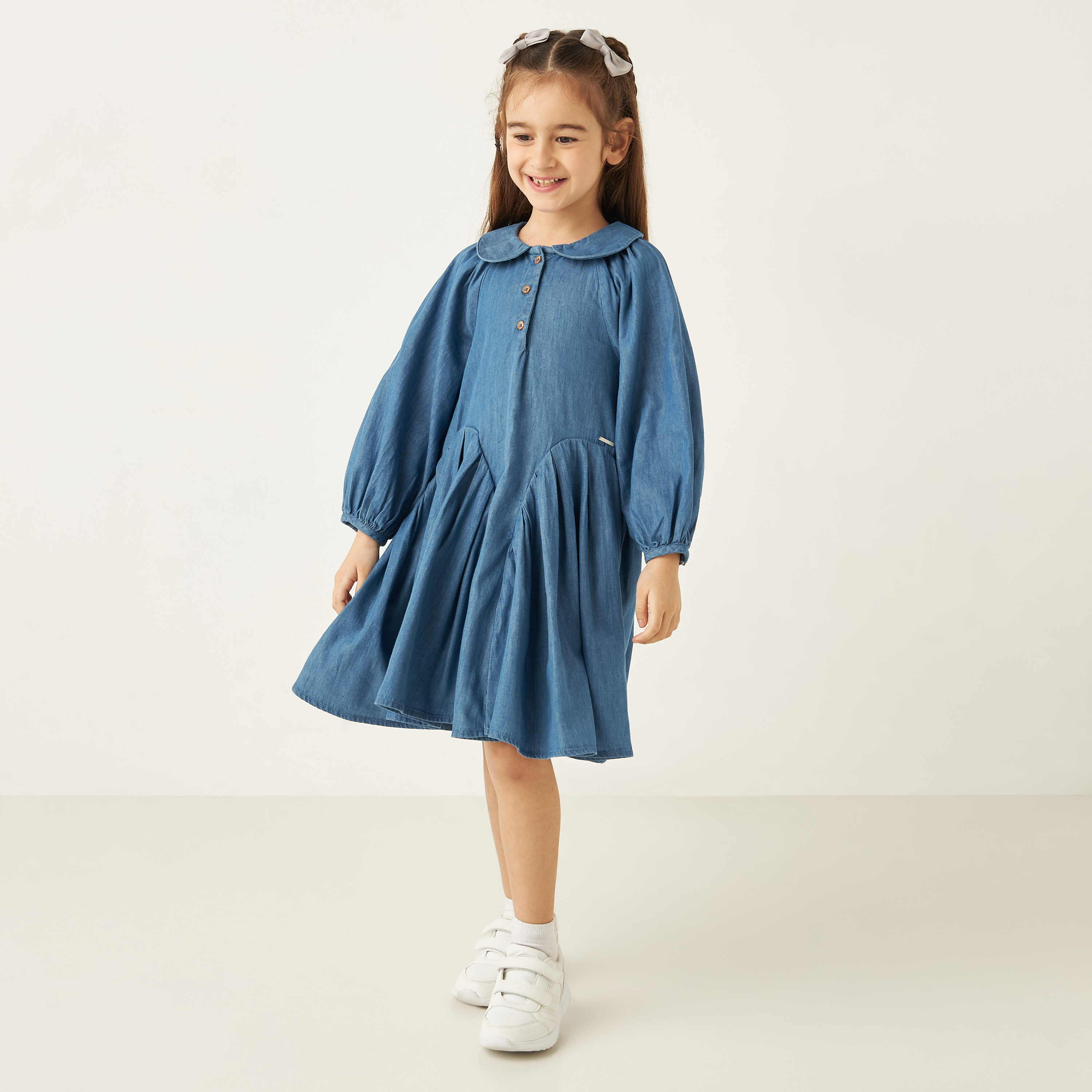 Lee Cooper Solid Denim A-line Dress with Peter Pan Collar and Long Sleeves-girls-clothing-dressesandjumpsuits-image-2