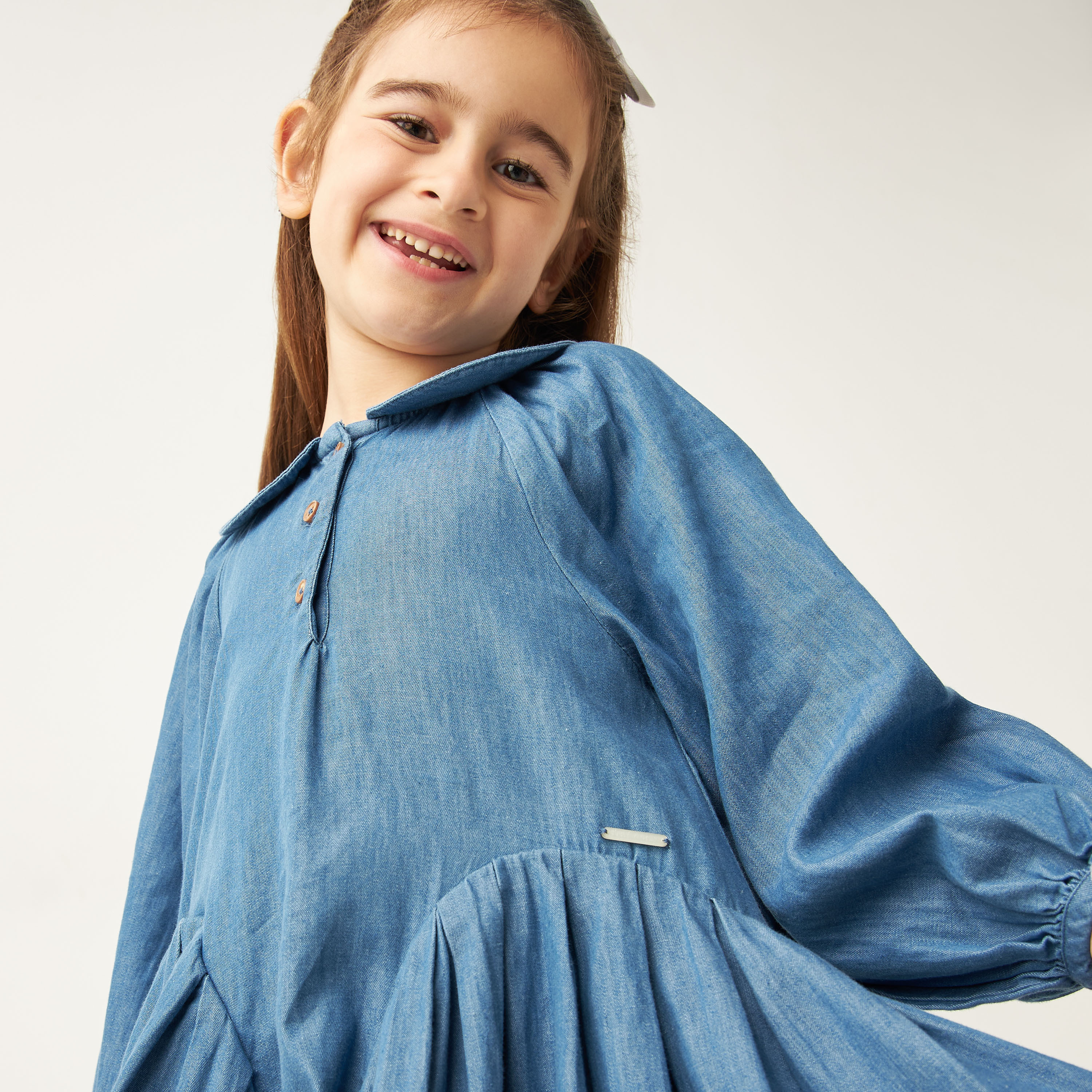 Lee Cooper Solid Denim A-line Dress with Peter Pan Collar and Long Sleeves-girls-clothing-dressesandjumpsuits-image-4