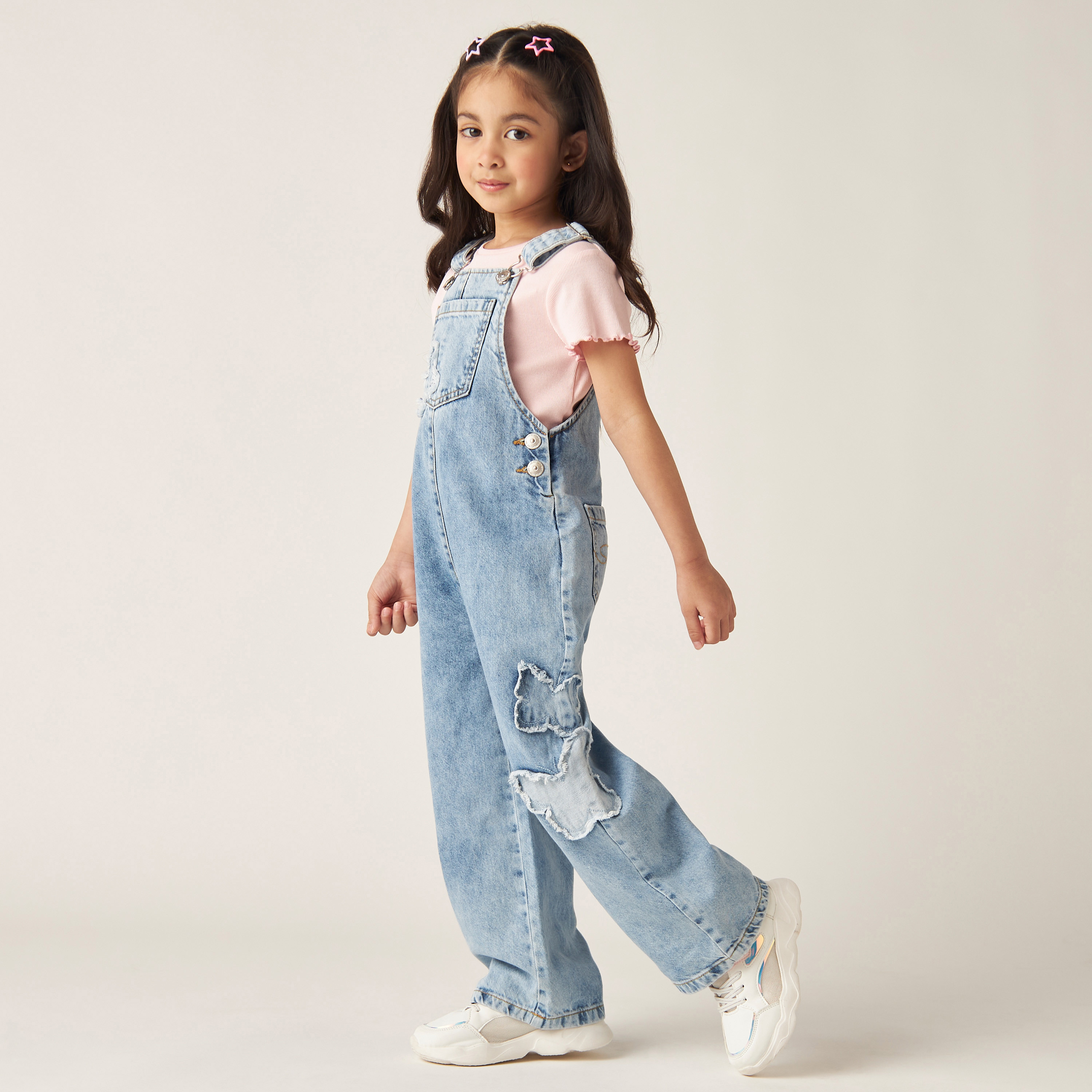 Lee Cooper Ripped Denim Dungaree with Pockets and Adjustable Straps