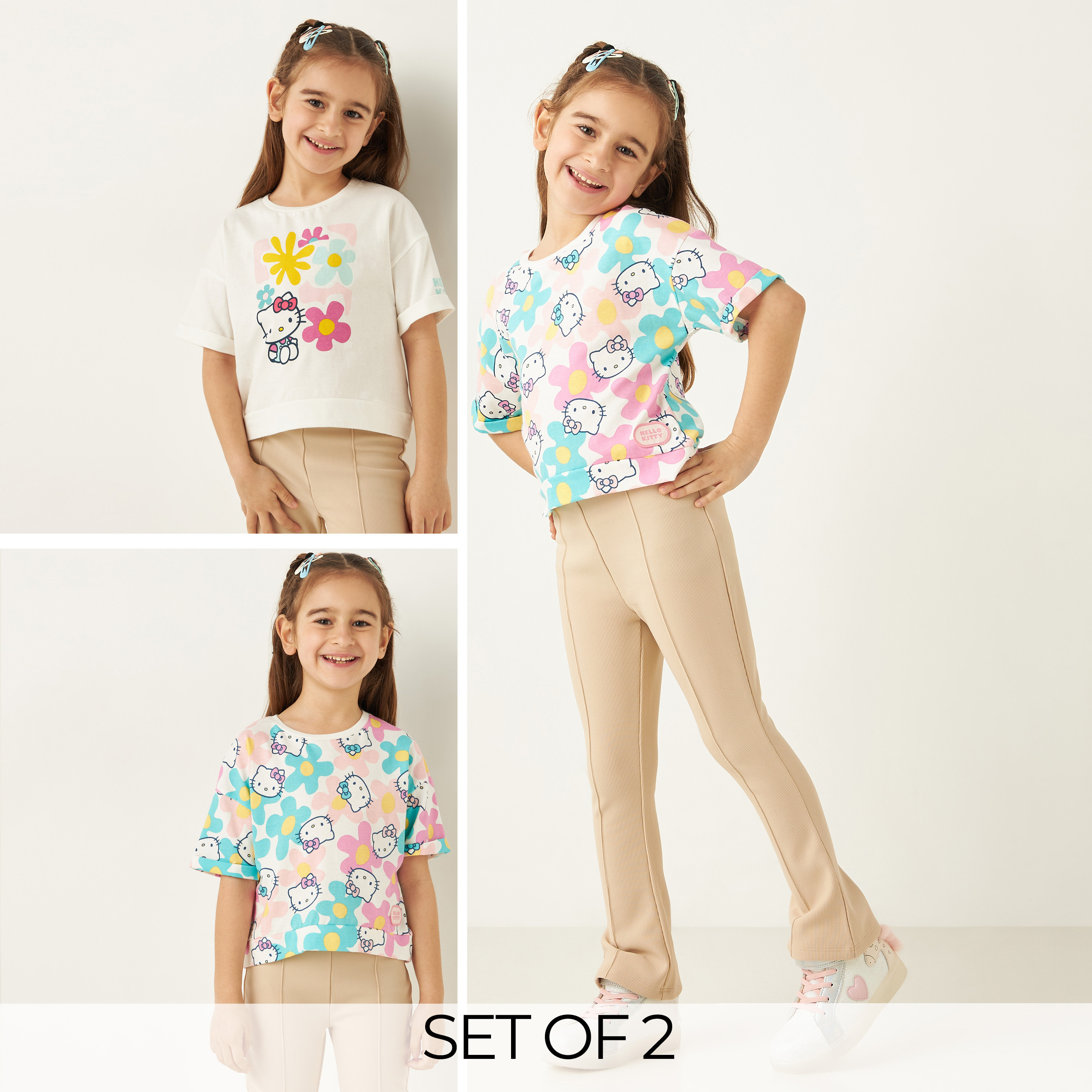 Sanrio Hello Kitty Print T-shirt with Short Sleeves - Set of 2-girls-clothing-tshirts-image-1