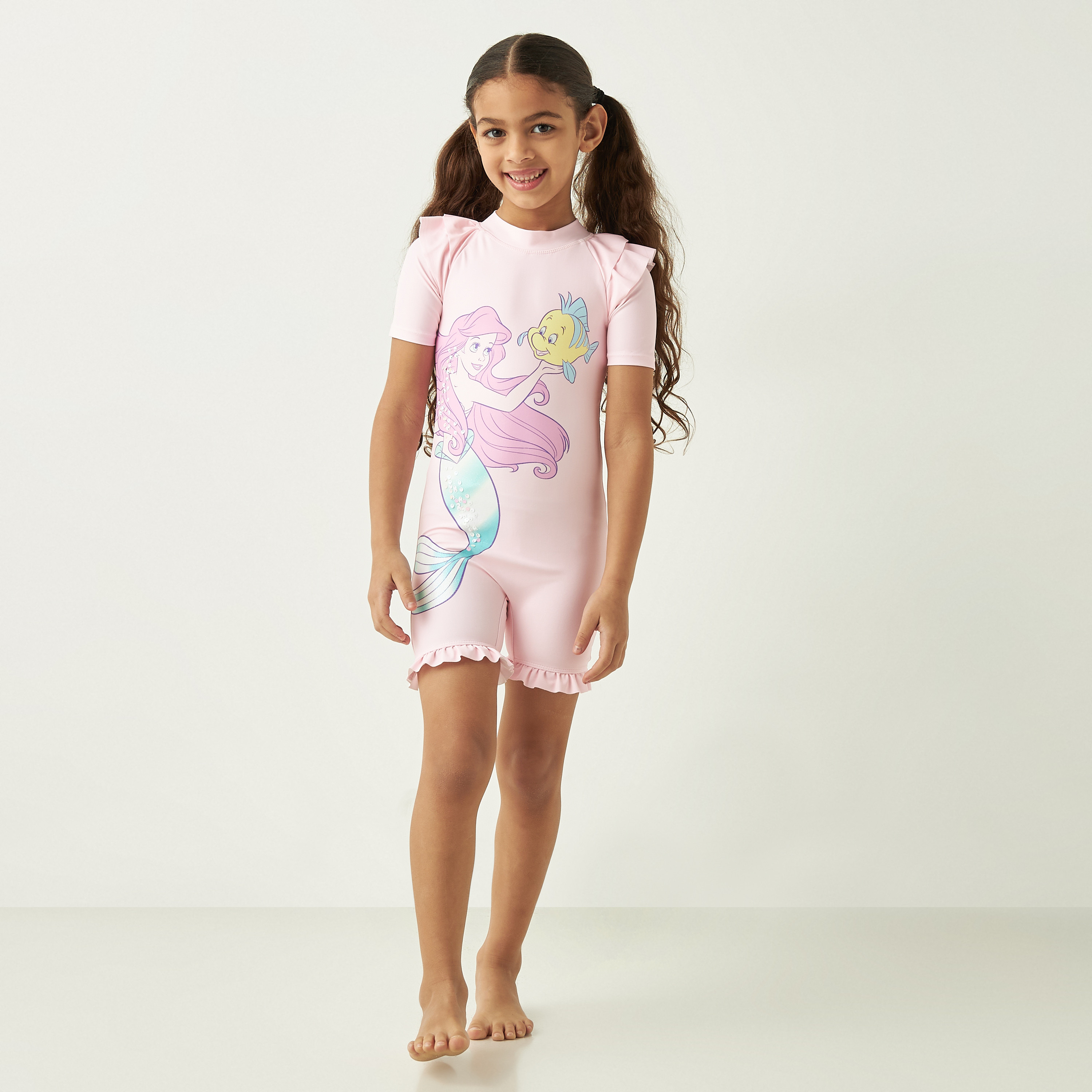Disney Ariel Sequinned Swimsuit with Short Sleeves and Round Neck-baby-girls-clothing-swimwear-image-2