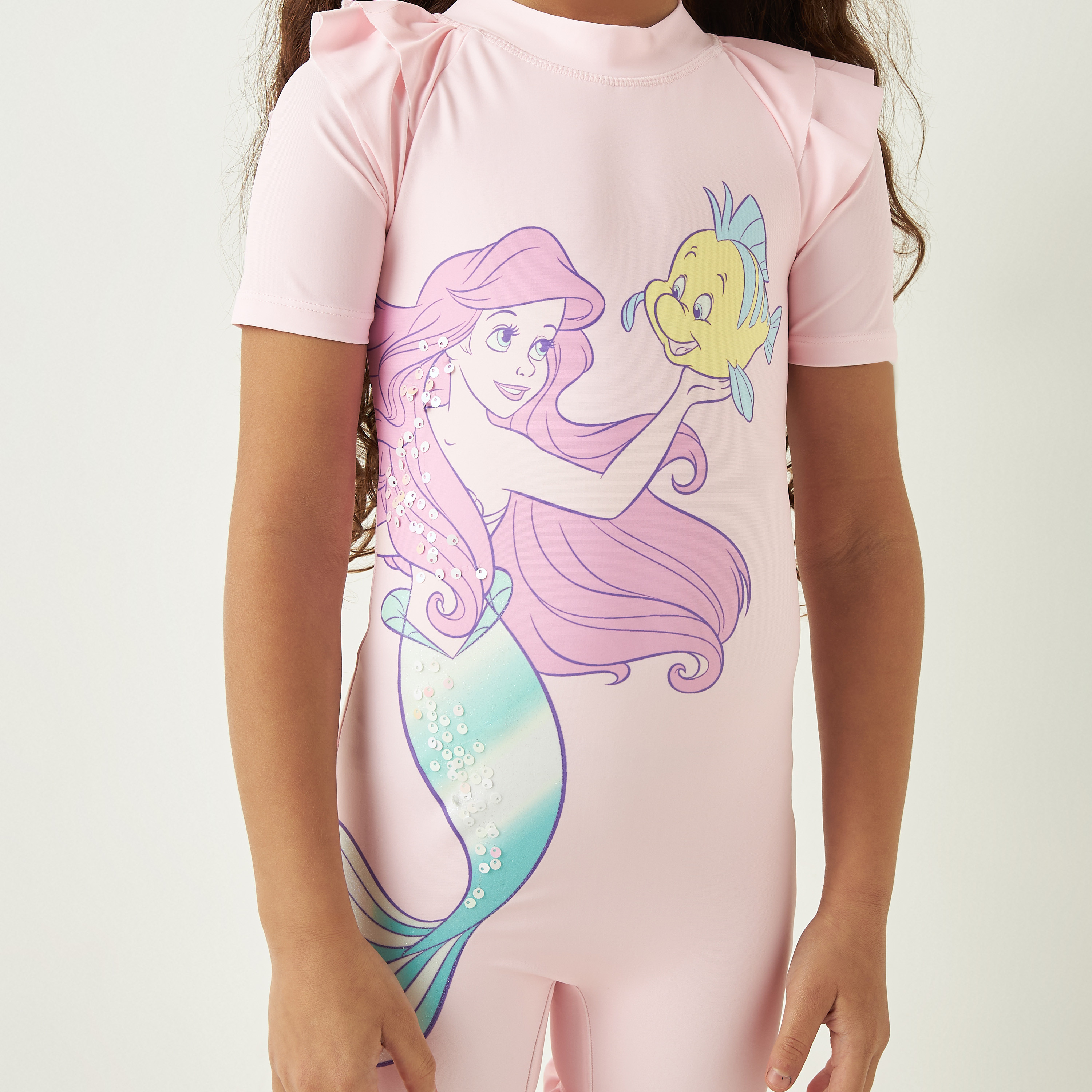 Disney Ariel Sequinned Swimsuit with Short Sleeves and Round Neck-baby-girls-clothing-swimwear-image-4