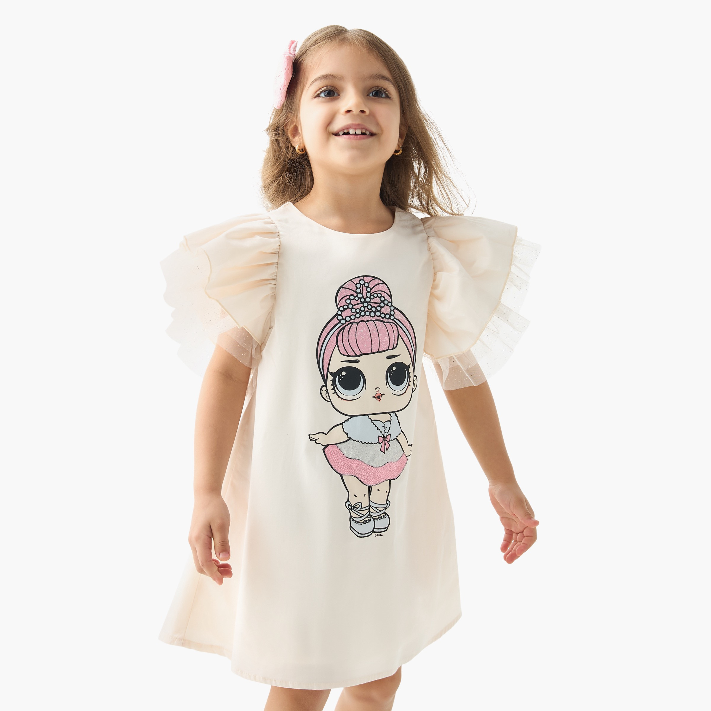 L.O.L. Surprise! Glitter Print A-line Dress with Flutter Sleeves and Round Neck-girls-clothing-dressesandjumpsuits-image-2