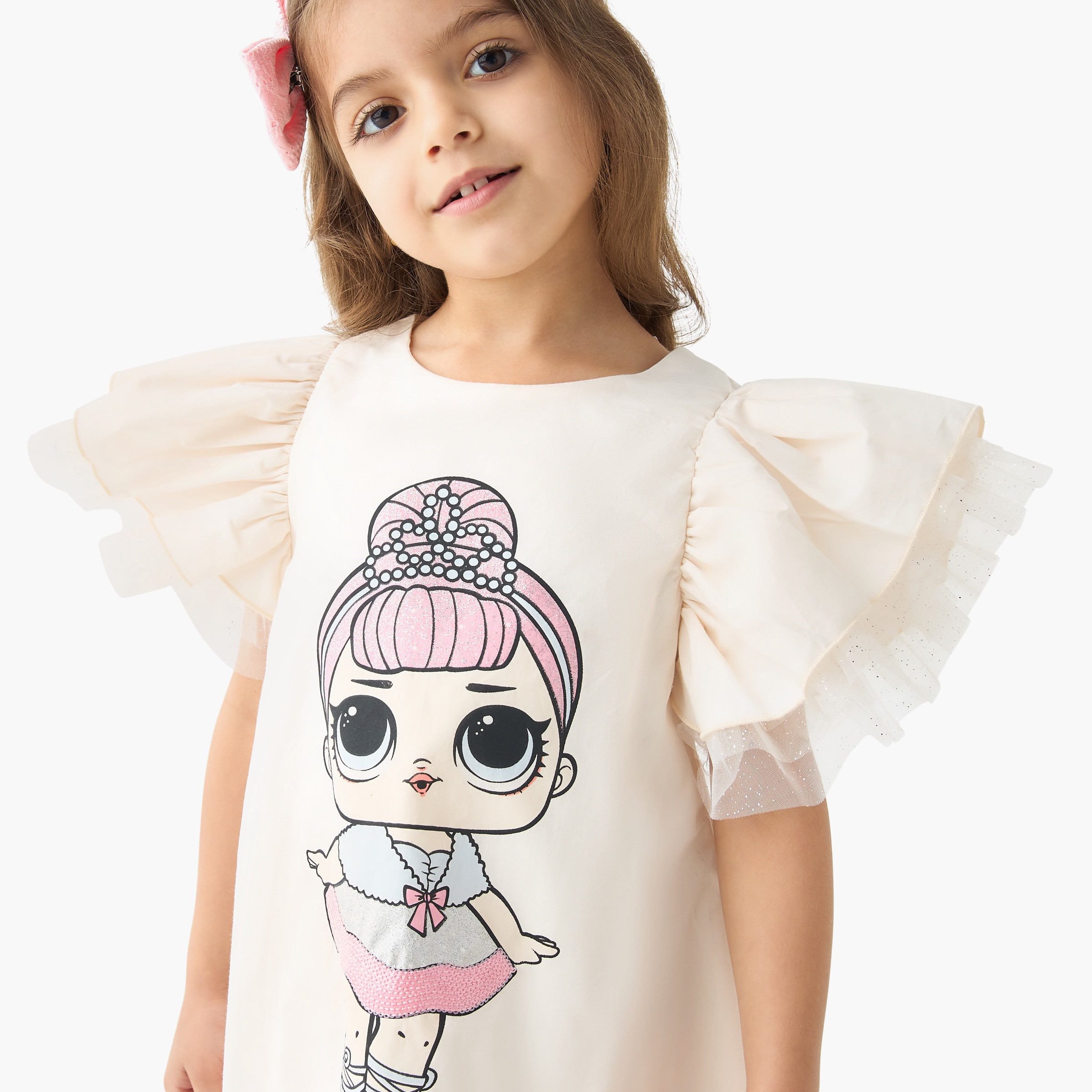 L.O.L. Surprise! Glitter Print A-line Dress with Flutter Sleeves and Round Neck-girls-clothing-dressesandjumpsuits-image-4