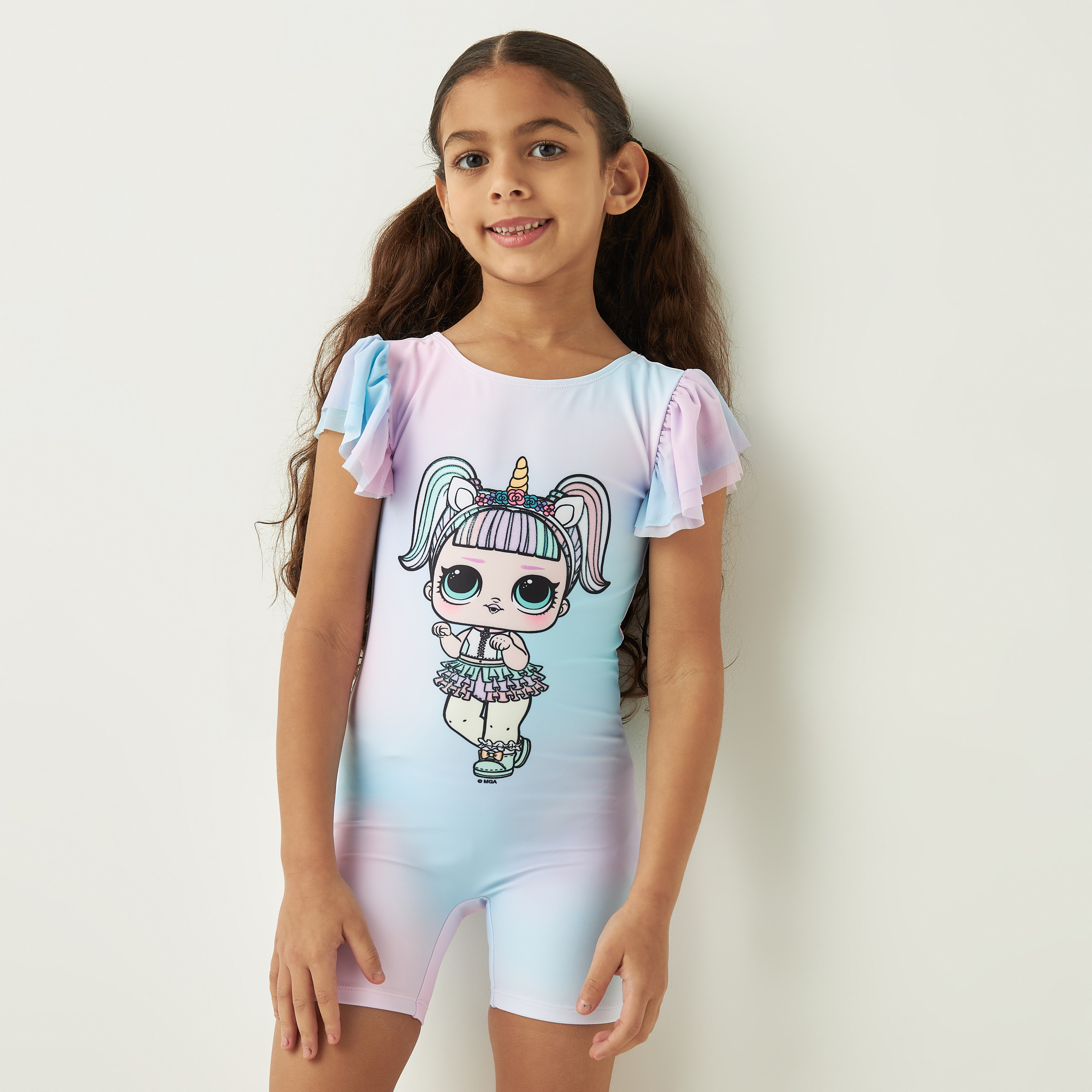 Buy L.O.L. Surprise Glitter Print Swimsuit with Flutter Sleeves and Round Neck Online Babyshop UAE