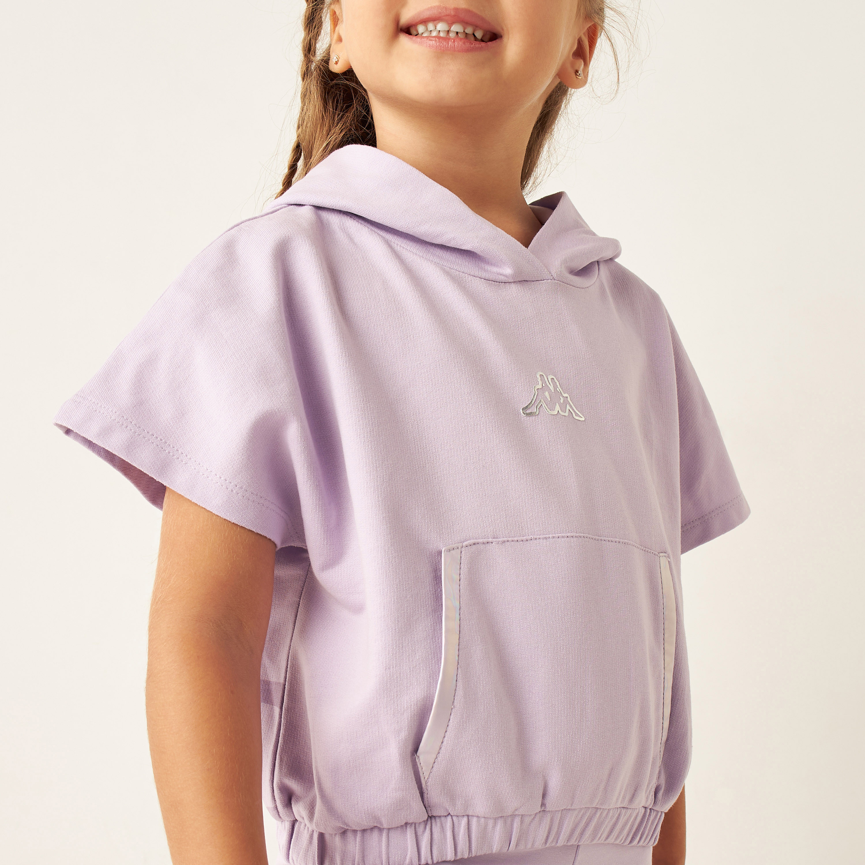Kappa Logo Print Hooded T-shirt with Kangaroo Pocket and Short Sleeves-sports-girls-clothing-tops-image-3