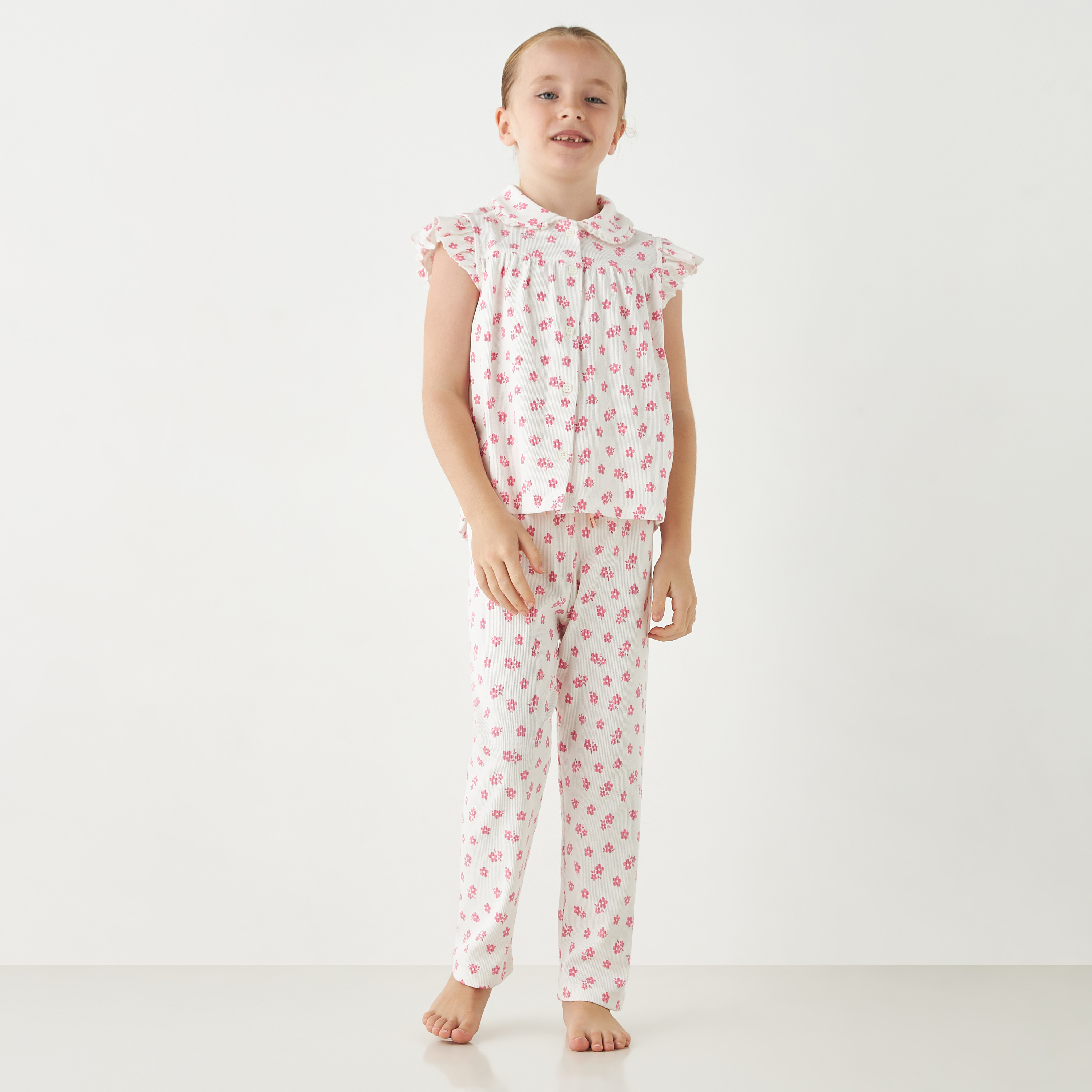 Juniors All-Over Floral Print Peter Pan Collar Top and Elasticated Pyjama Set-girls-clothing-nightwear-image-1