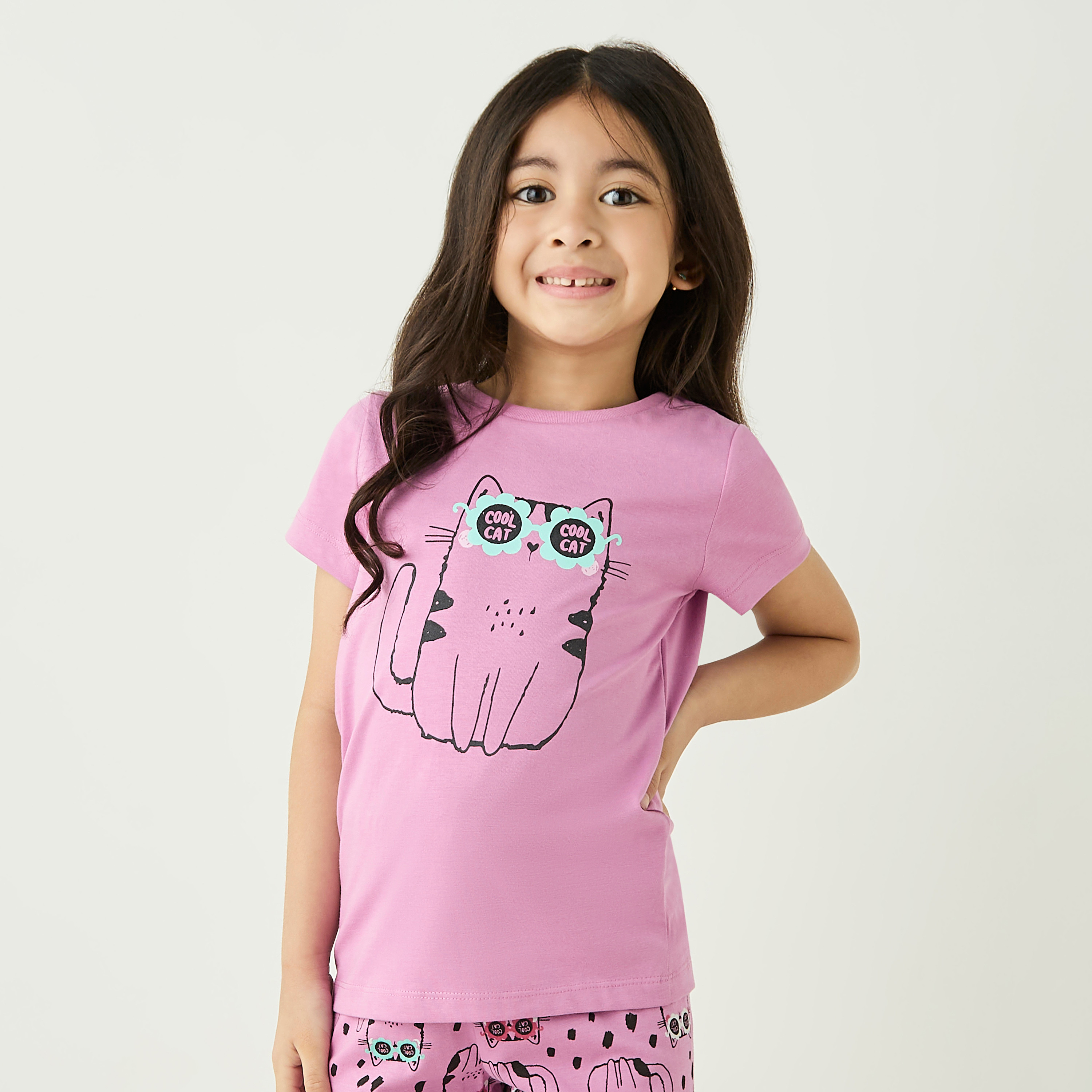 طقم بنطلون بيجاما مطاطي وتيشيرت بأكمام قصيرة وطبعات قطة من جونيورز-girls-clothing-nightwear-image-2