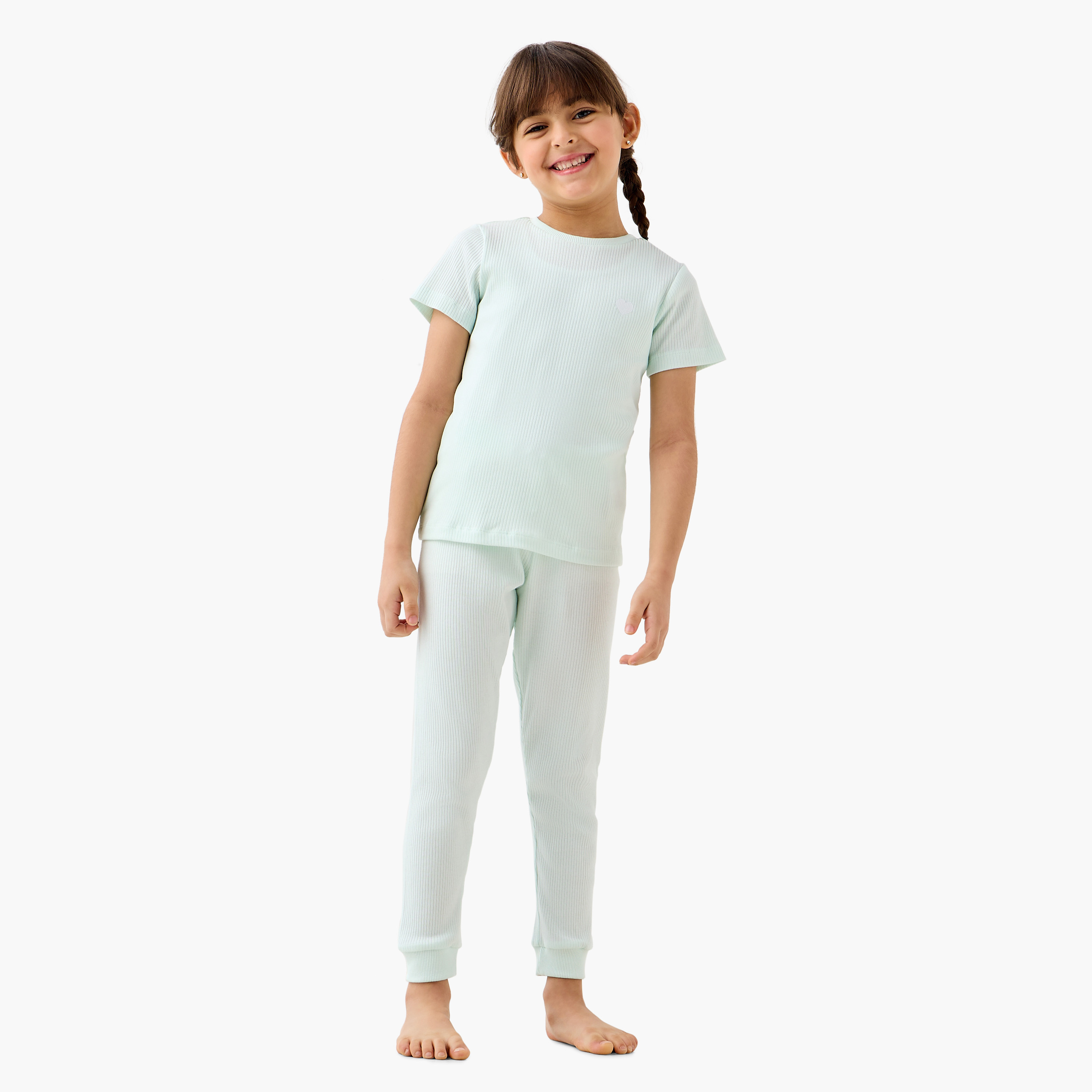 Juniors Ribbed Short Sleeves T-shirt and Pyjama Set-baby-girls-clothing-nightwear-pyjamasets-image-1